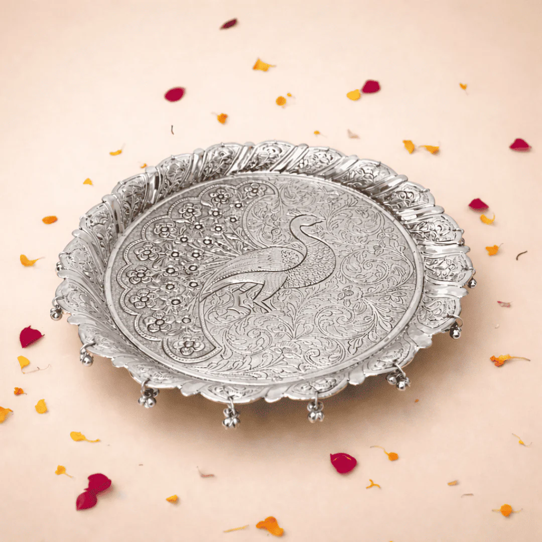 German Silver Pooja Thali With Ghungroo (11 inch) - Image 6