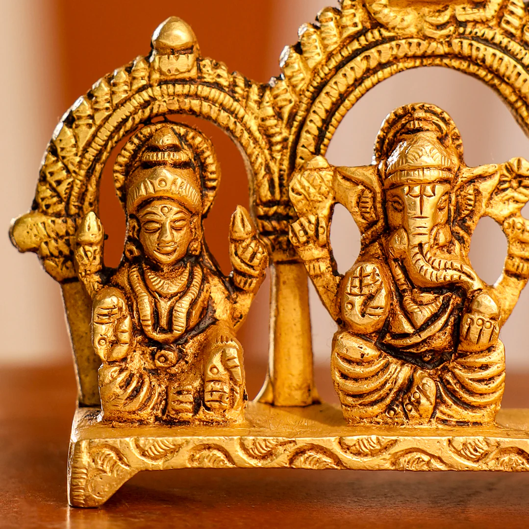 Brass Sitting Ganesha, Lakshmi And Saraswati Idols (3 Inch) - Image 2