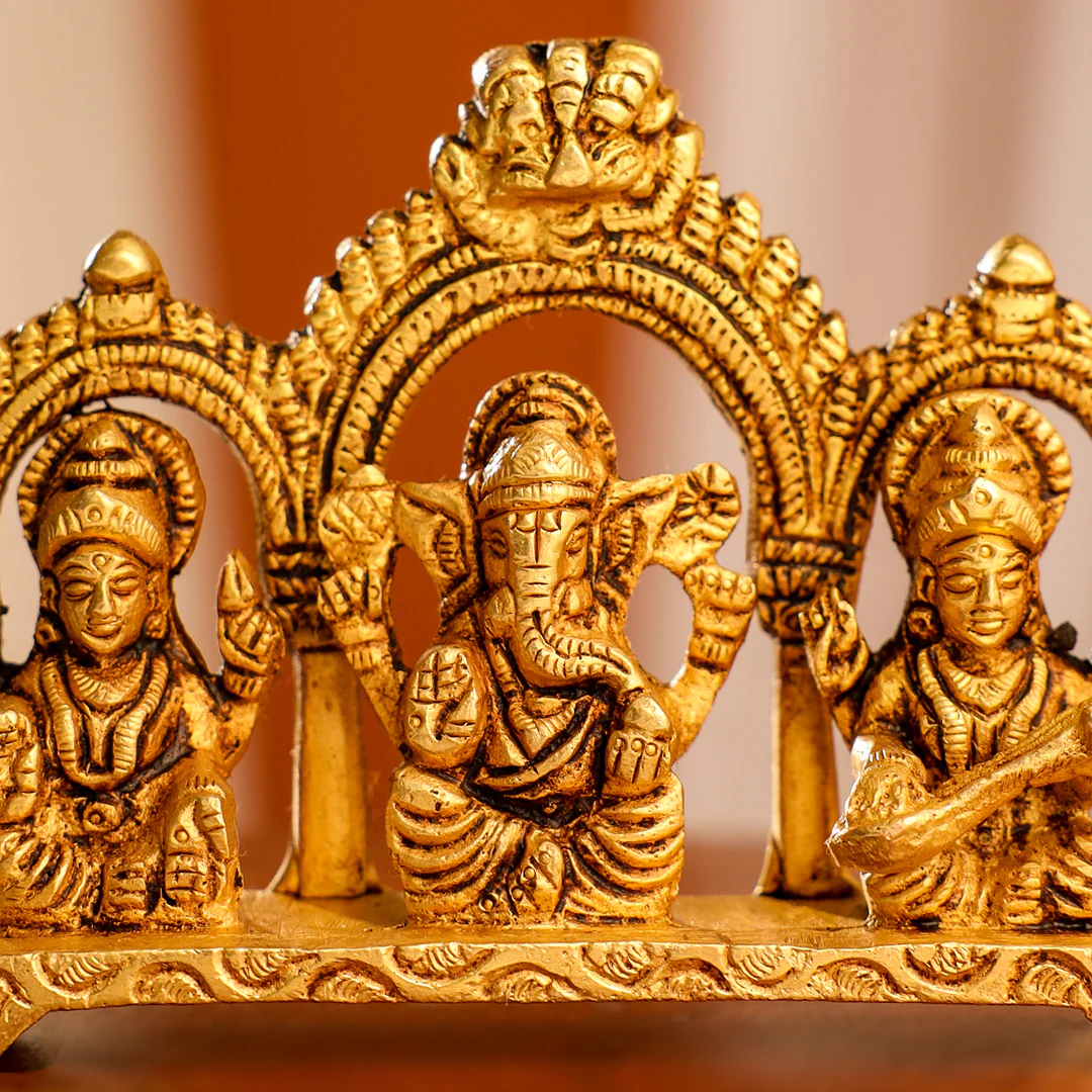 Brass Sitting Ganesha, Lakshmi And Saraswati Idols (3 Inch) - Image 3