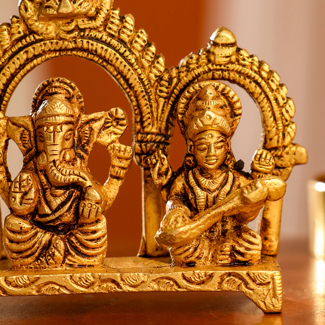 Brass Sitting Ganesha, Lakshmi And Saraswati Idols (3 Inch) - Image 4