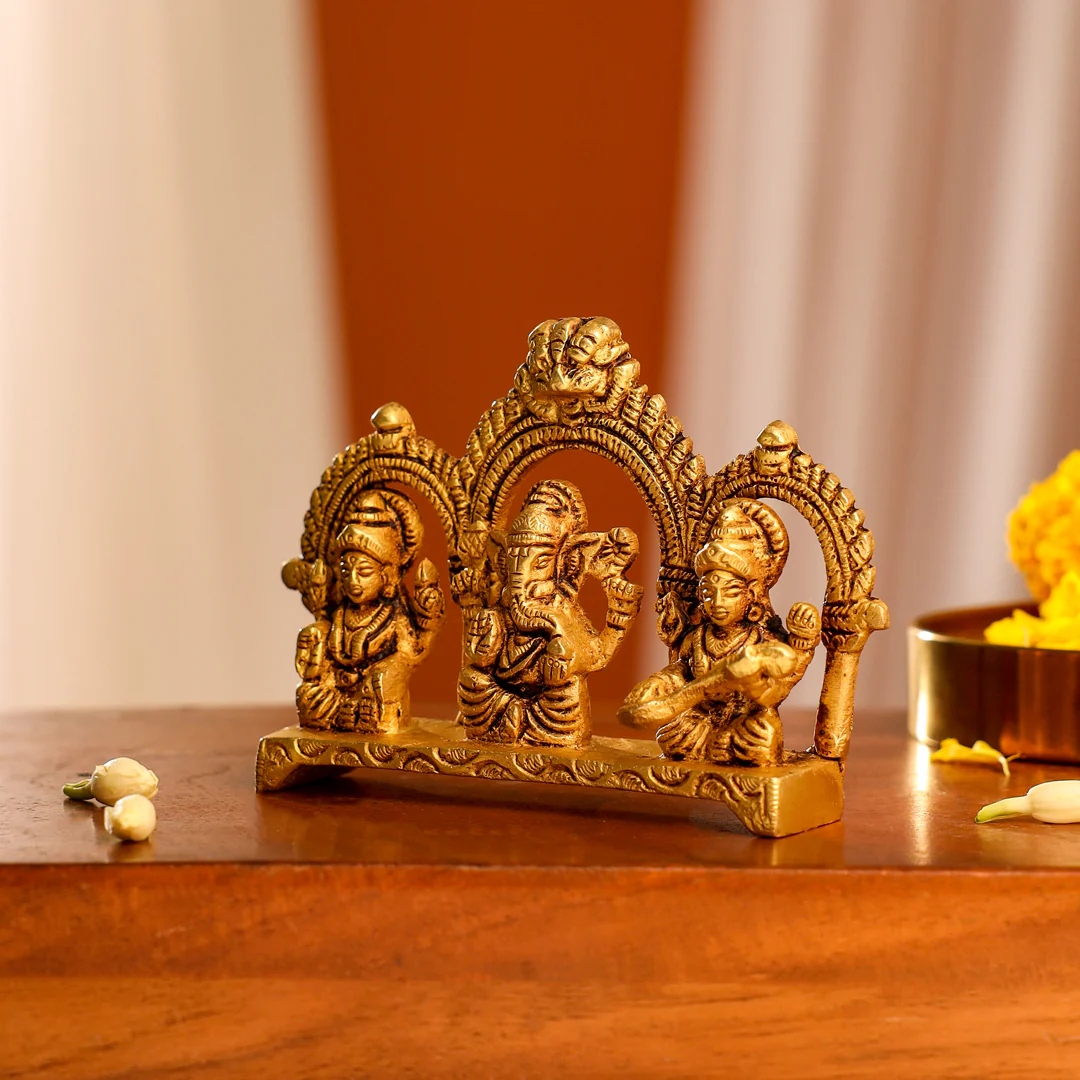Brass Sitting Ganesha, Lakshmi And Saraswati Idols (3 Inch) - Image 5