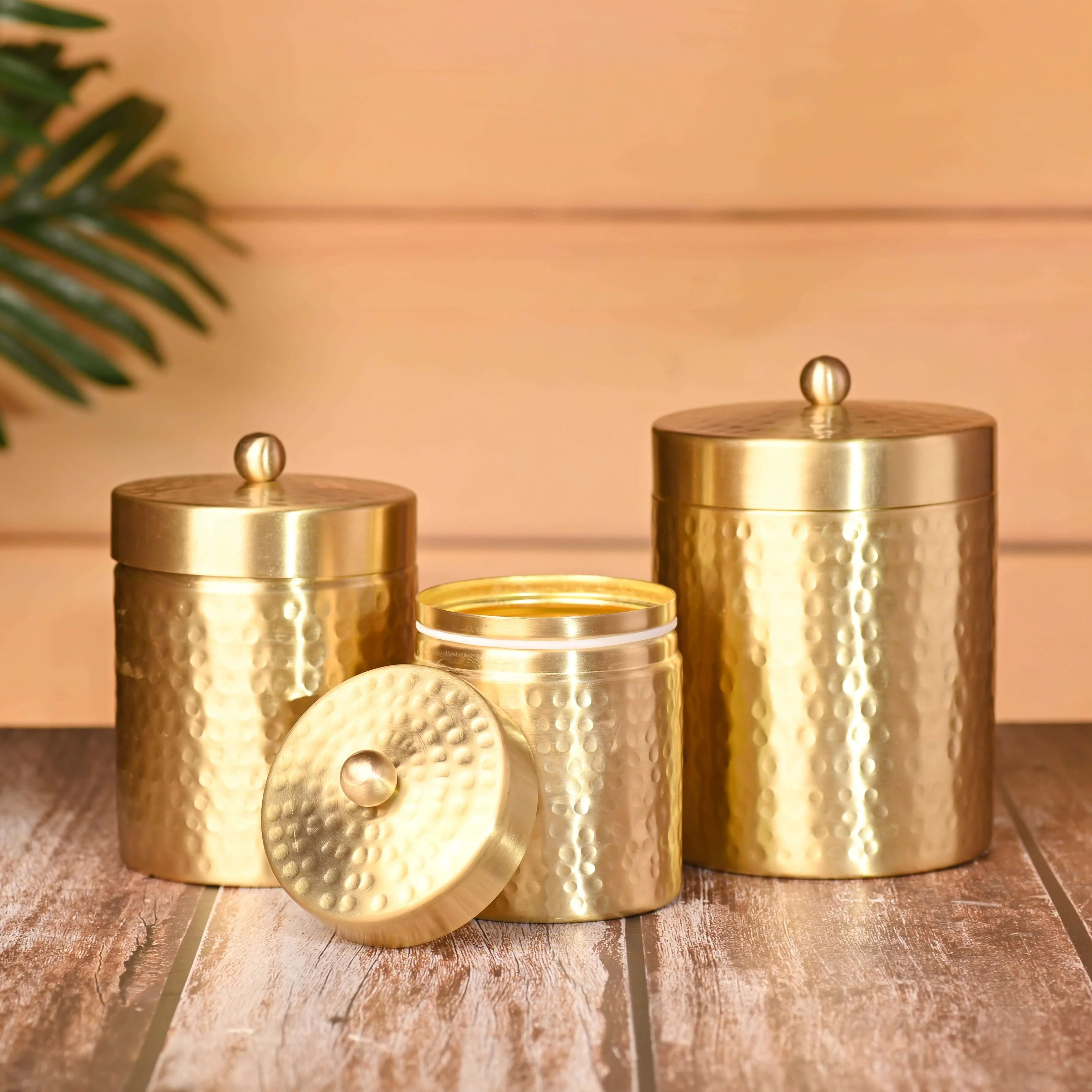 Brass Hammered Storage Jars with Lids – Set of 3 Premium Containers - Image 3