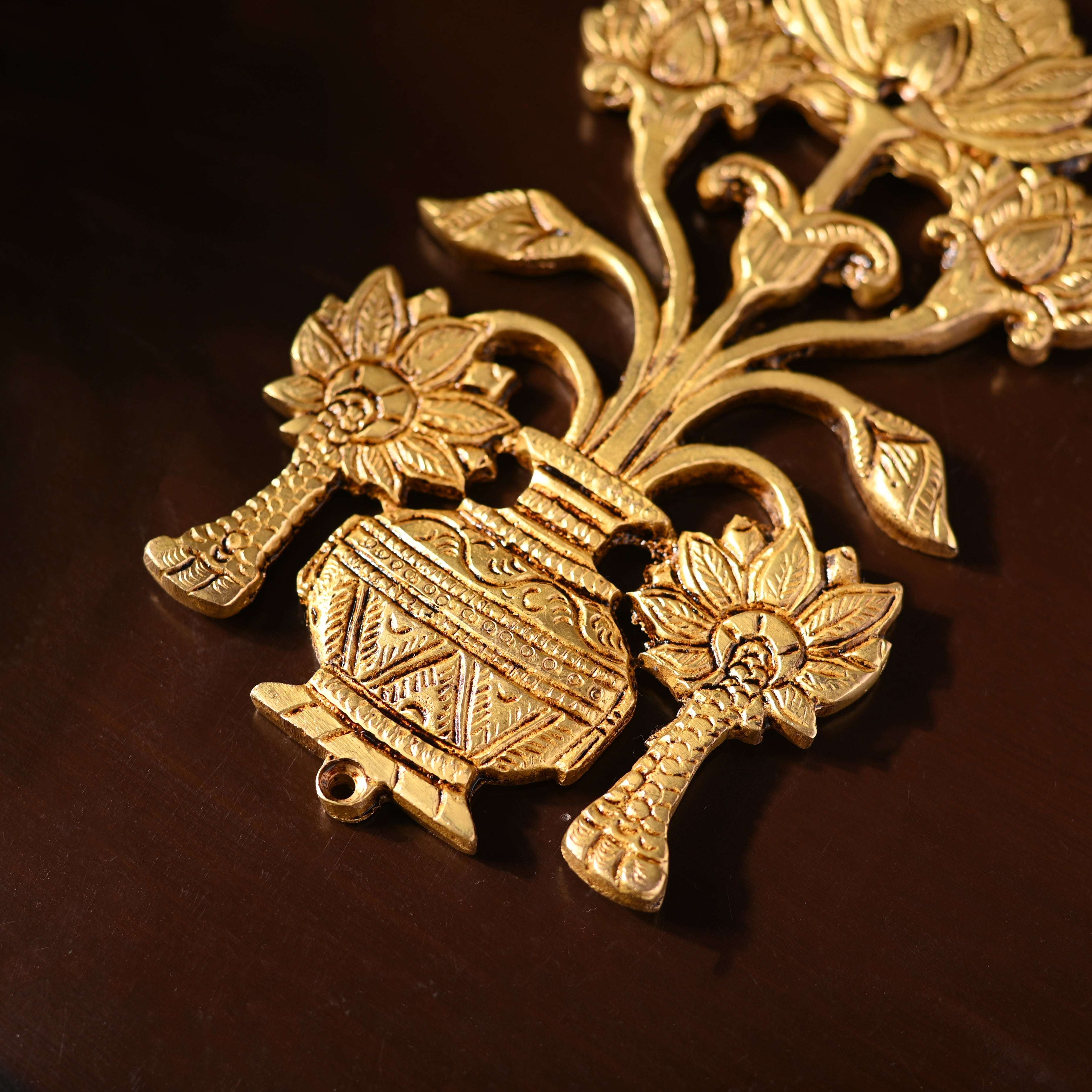 Brass Peacock & Lotus Kalash Wall Hanging Set (7.2 Inch) - Image 11