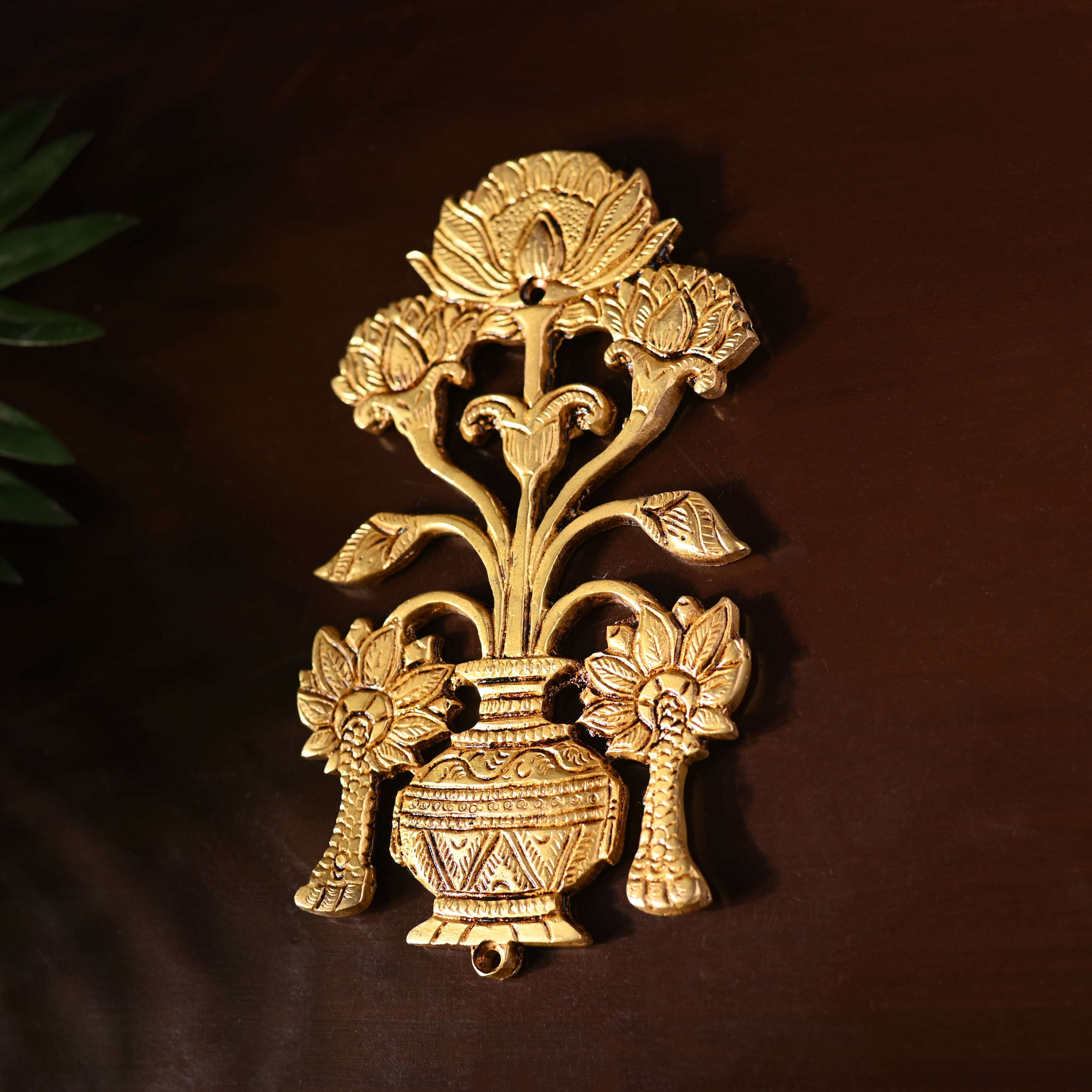 Brass Peacock & Lotus Kalash Wall Hanging Set (7.2 Inch) - Image 12