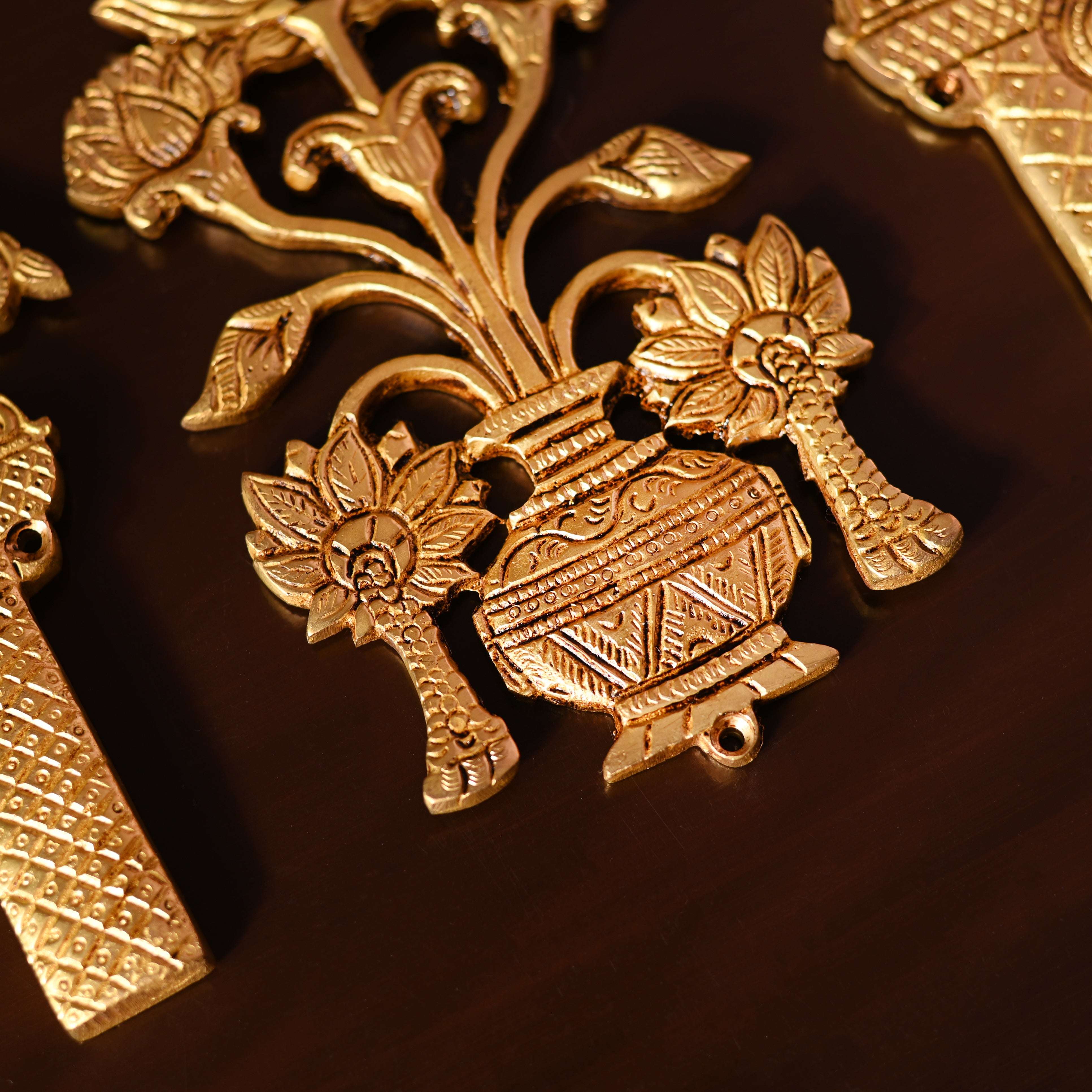 Brass Peacock & Lotus Kalash Wall Hanging Set (7.2 Inch) - Image 3