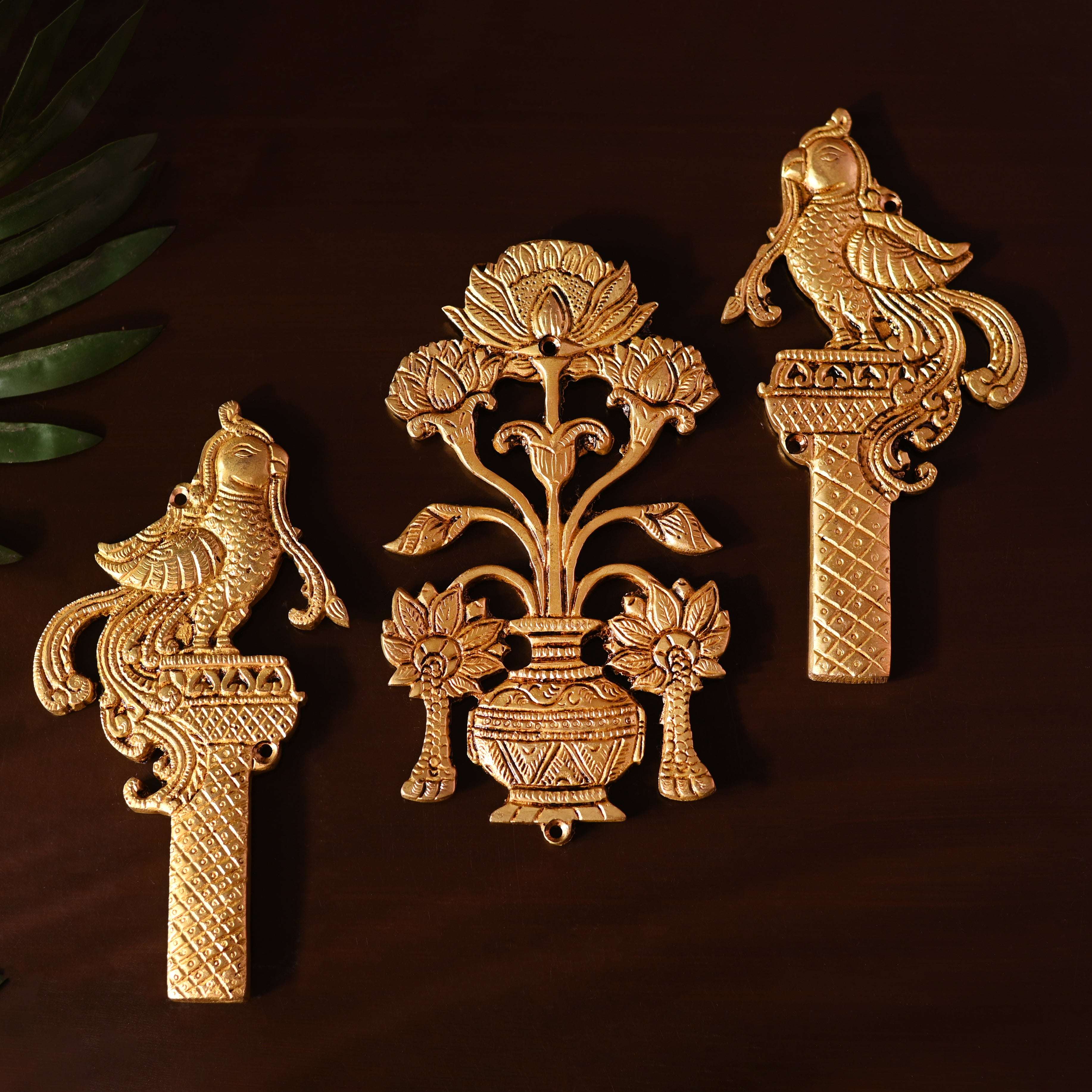Brass Peacock & Lotus Kalash Wall Hanging Set (7.2 Inch) - Image 4