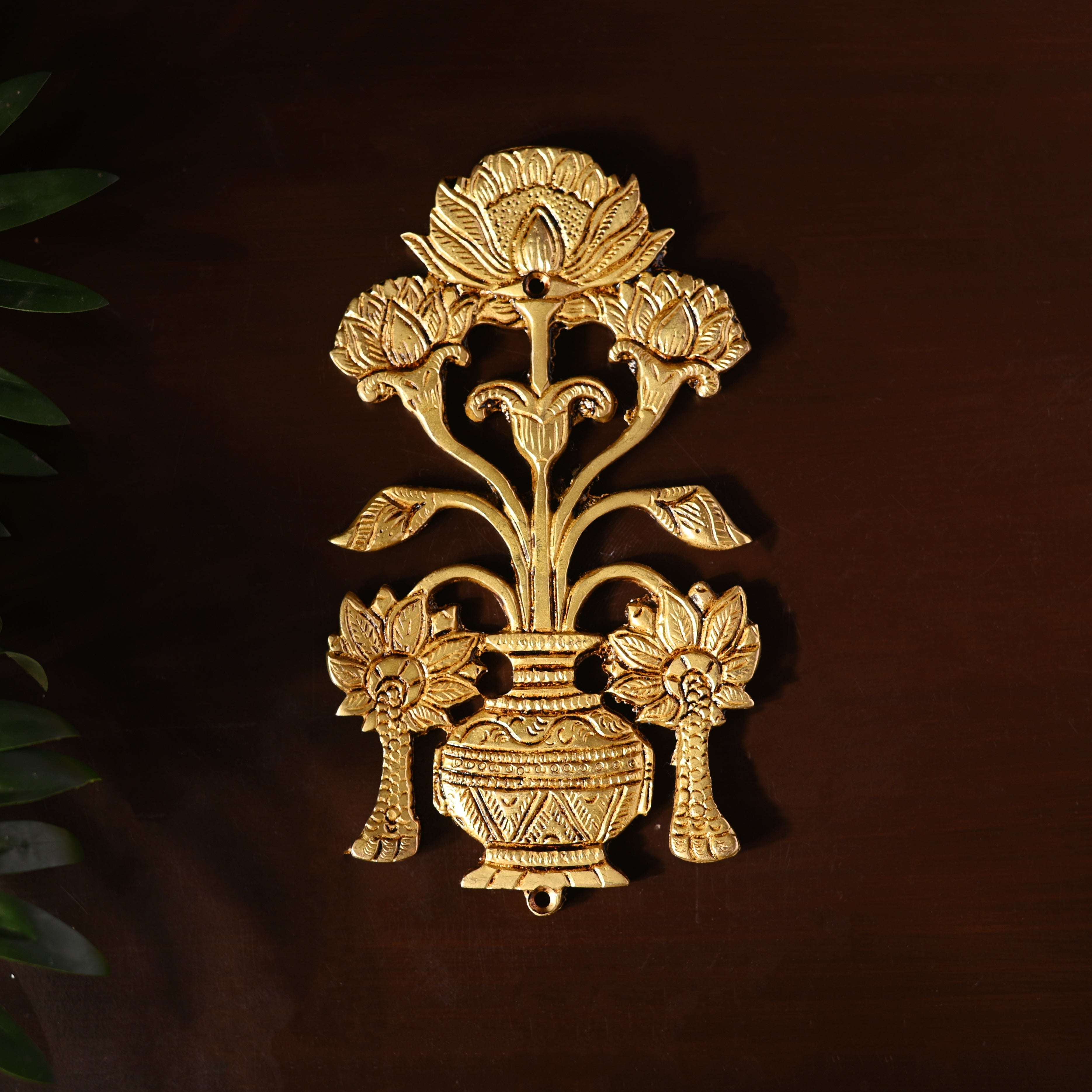 Brass Peacock & Lotus Kalash Wall Hanging Set (7.2 Inch) - Image 9