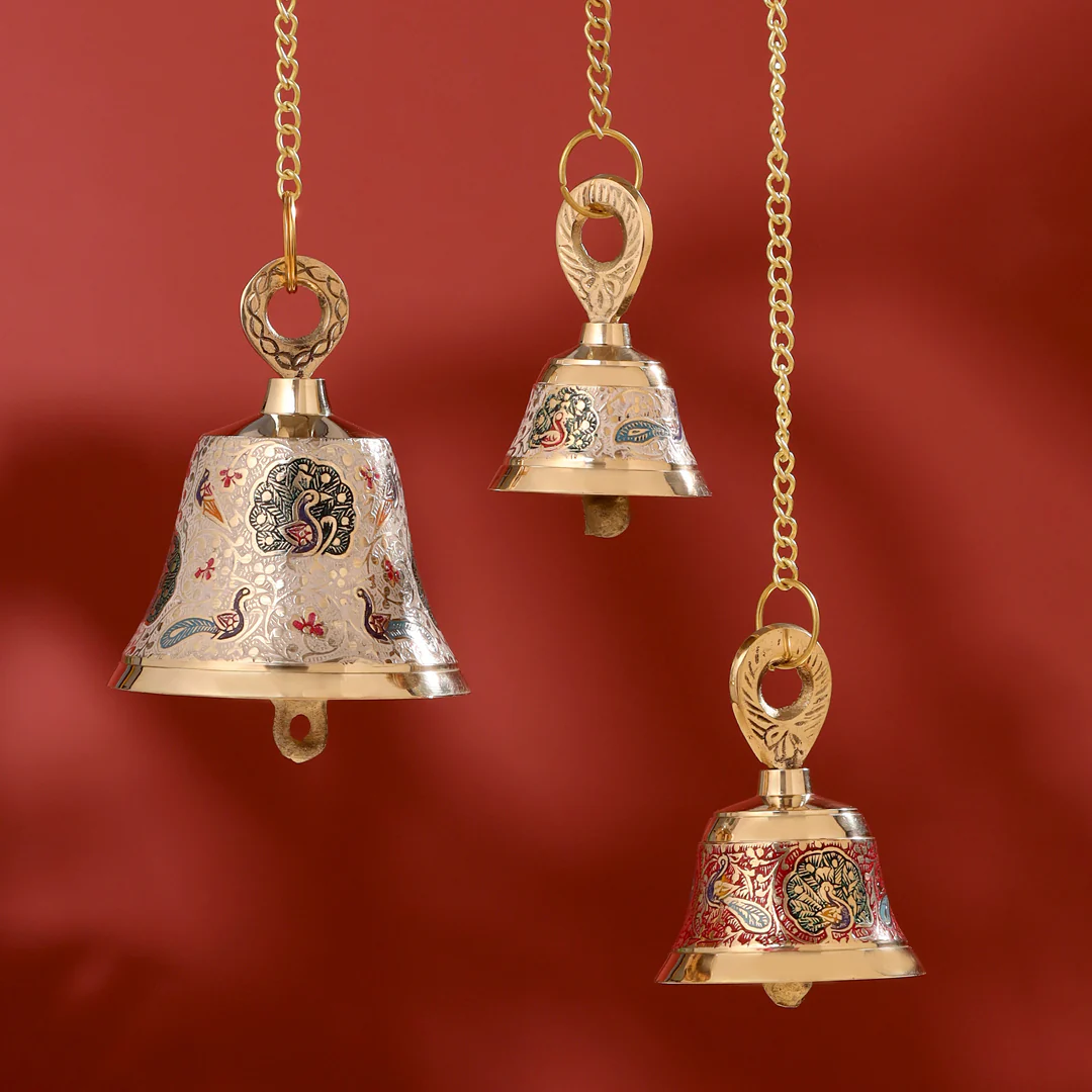 Brass Hand Painted Wall Hanging Meenakari Temple Bell - Image 2
