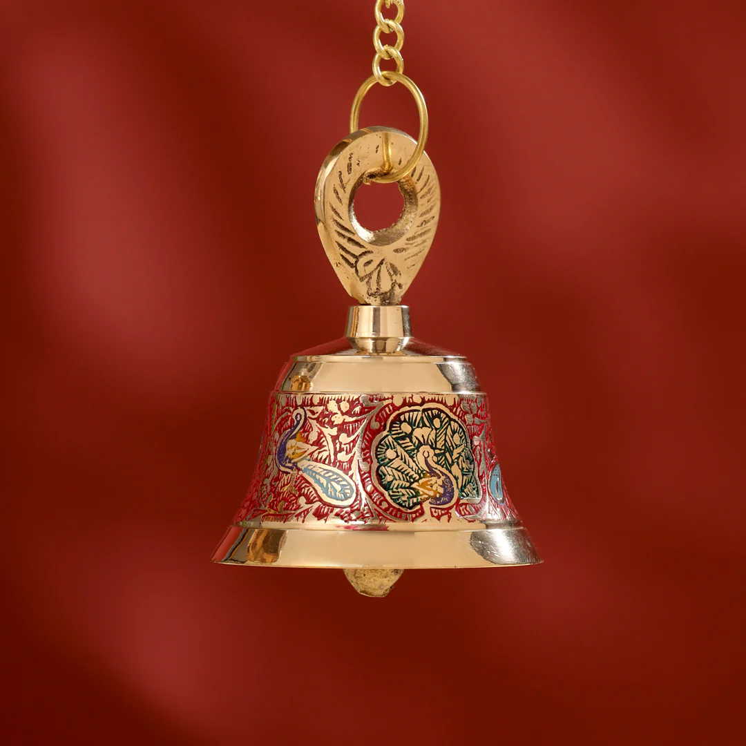 Brass Hand Painted Wall Hanging Meenakari Temple Bell - Image 3