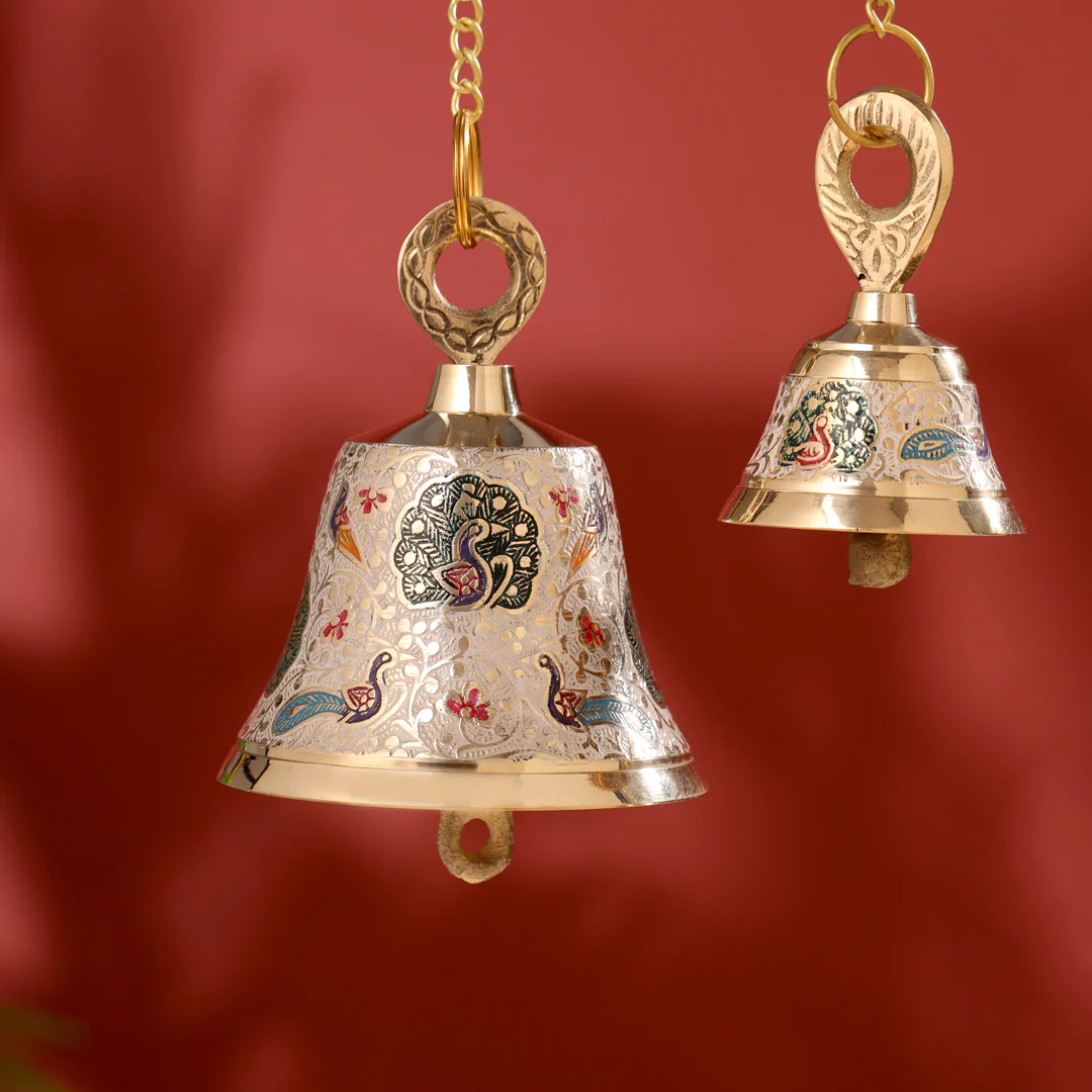 Brass Hand Painted Wall Hanging Meenakari Temple Bell - Image 6