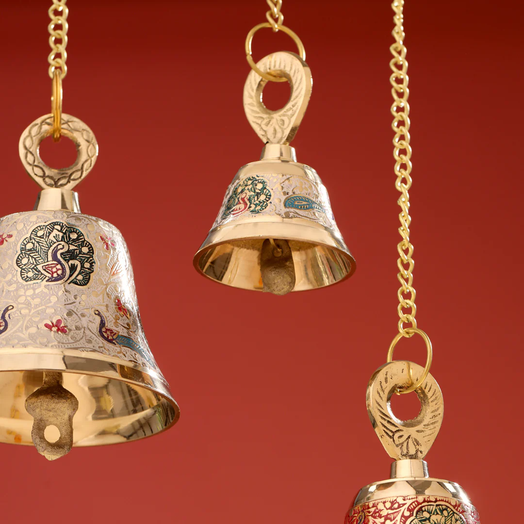 Brass Hand Painted Wall Hanging Meenakari Temple Bell - Image 8