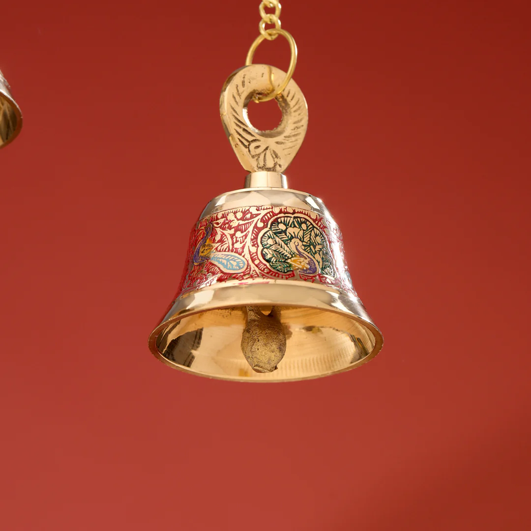 Brass Hand Painted Wall Hanging Meenakari Temple Bell - Image 9