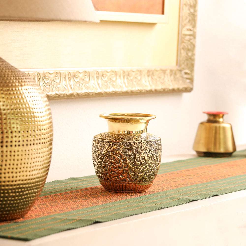 Brass Decorative Pot / Kalash Intricately Engraved Floral Design (6 Inch) - Image 2
