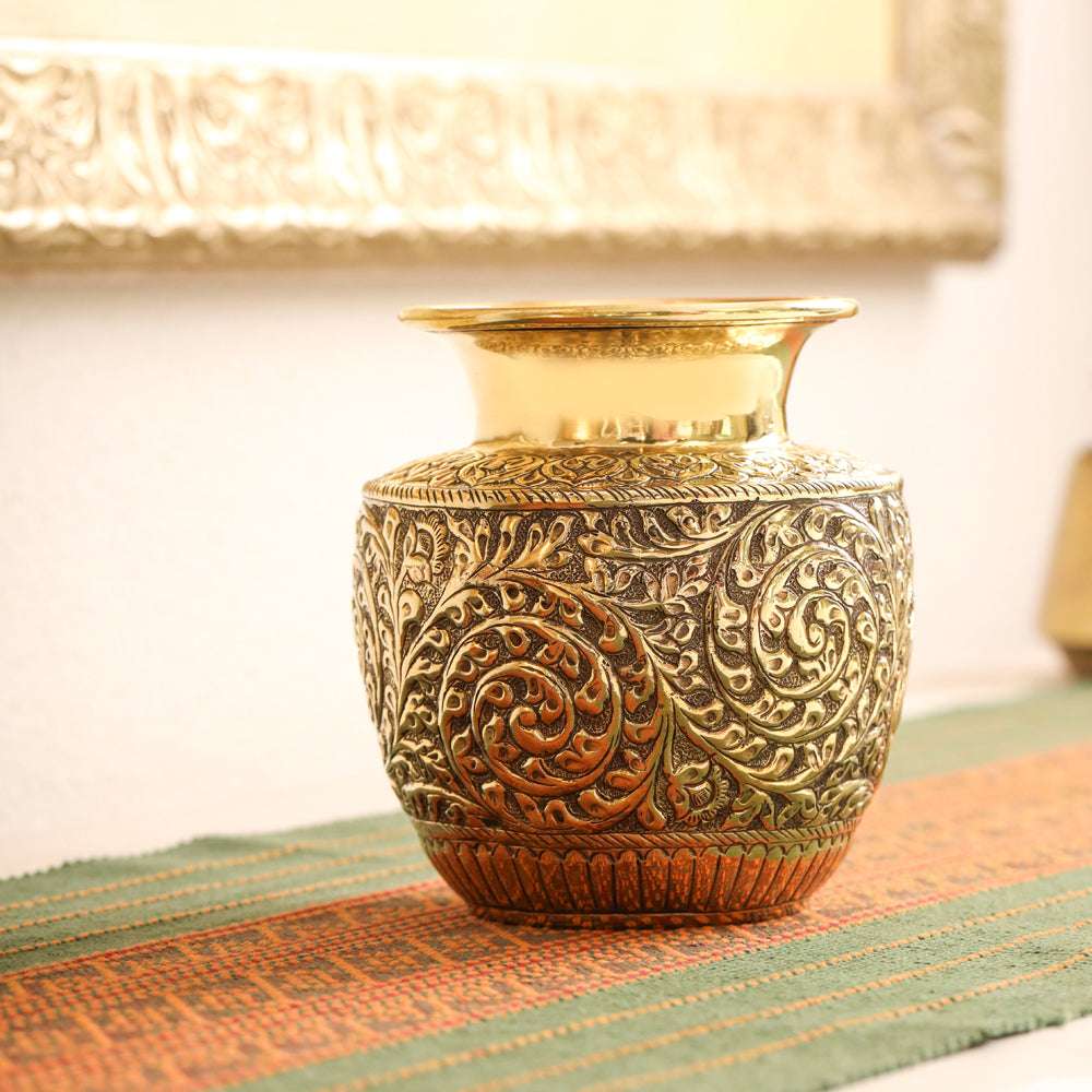 Brass Decorative Pot / Kalash Intricately Engraved Floral Design (6 Inch) - Image 3