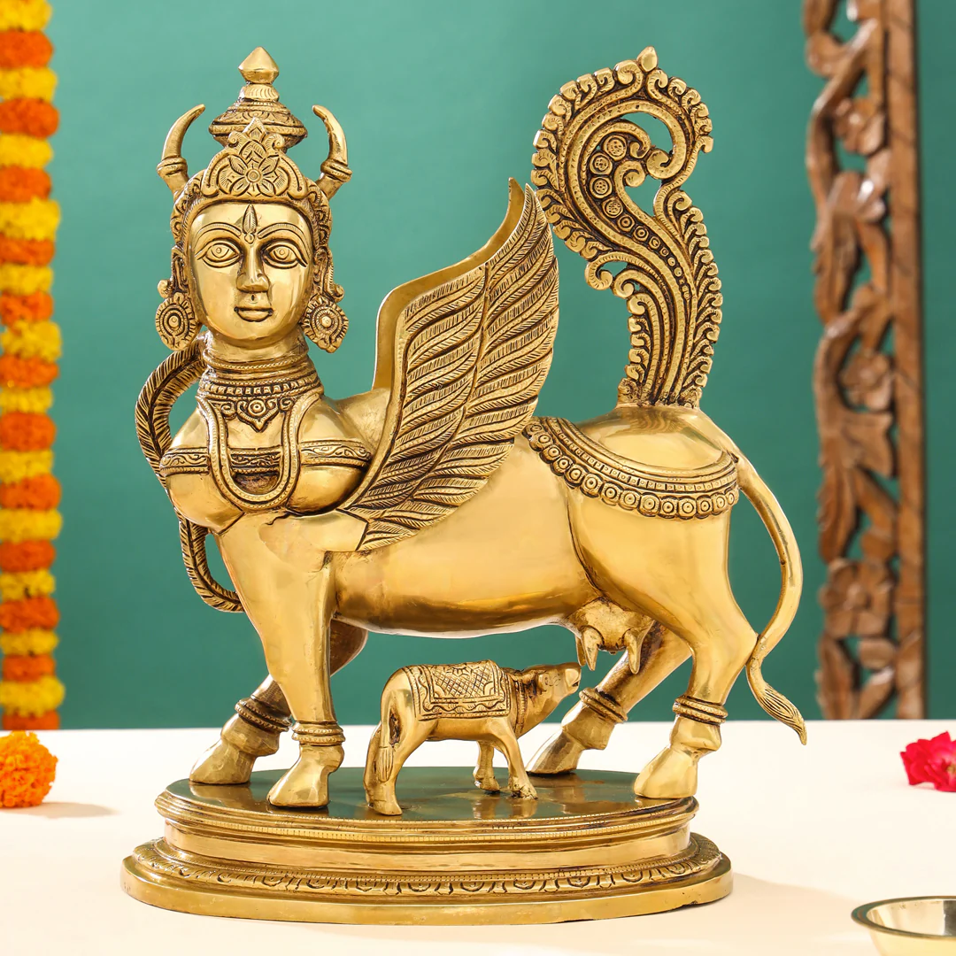 Brass Superfine Kamdhenu Cow With Calf Idol (17 Inch)