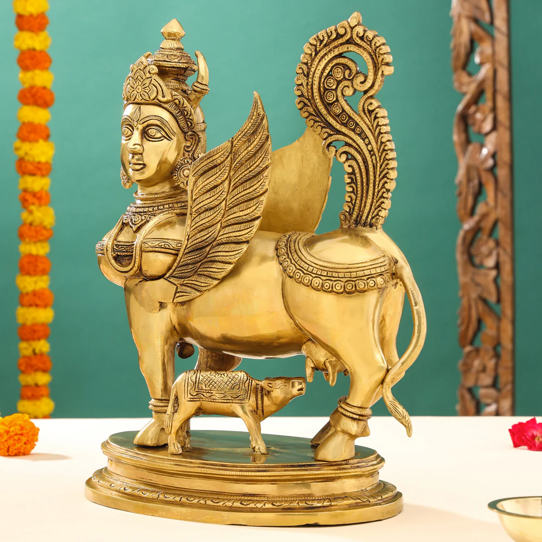 Brass Superfine Kamdhenu Cow With Calf Idol (17 Inch) - Image 2