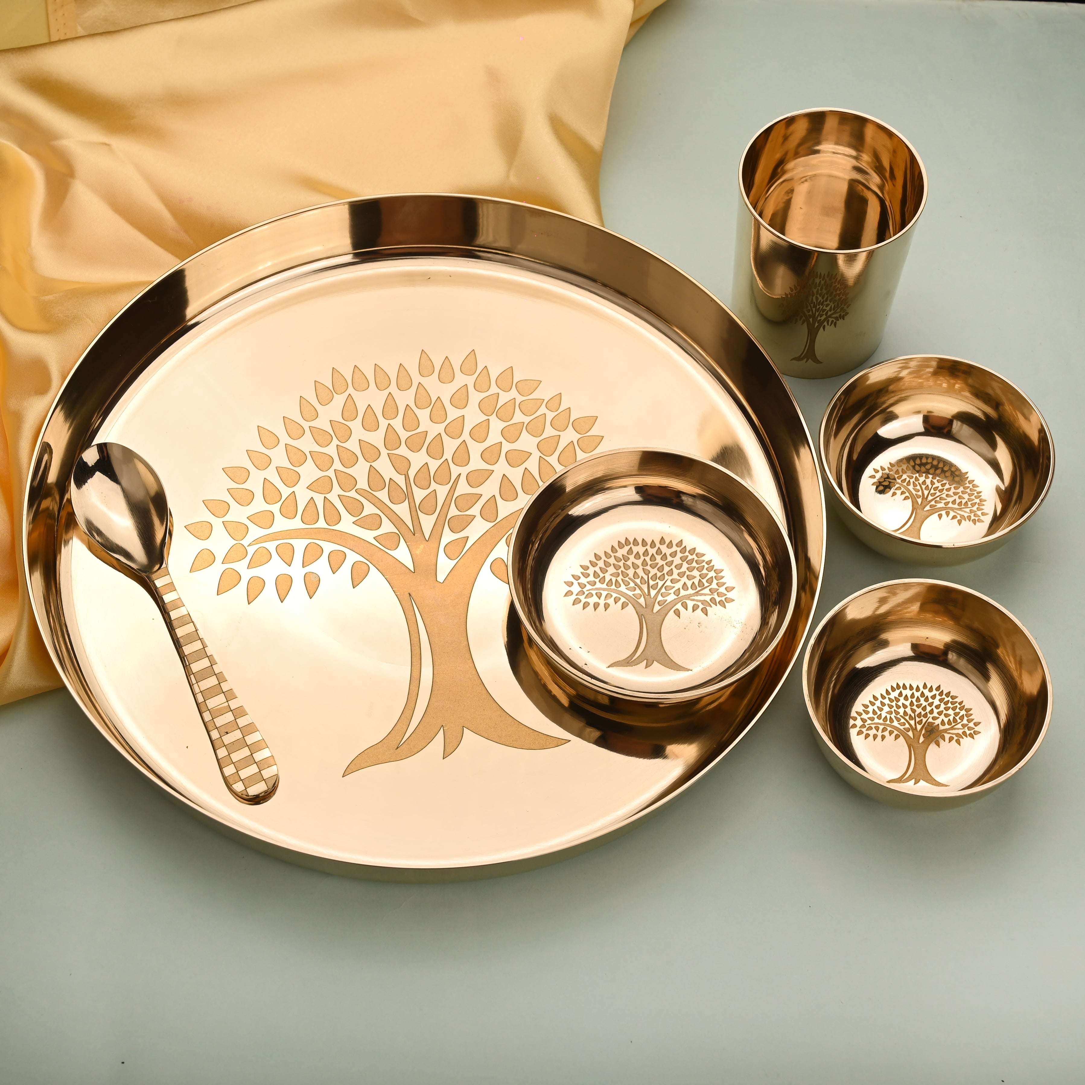 Pure Kansa/Bronze Thali/Dinner Set with Tree Design (1.7Kg) - Image 5