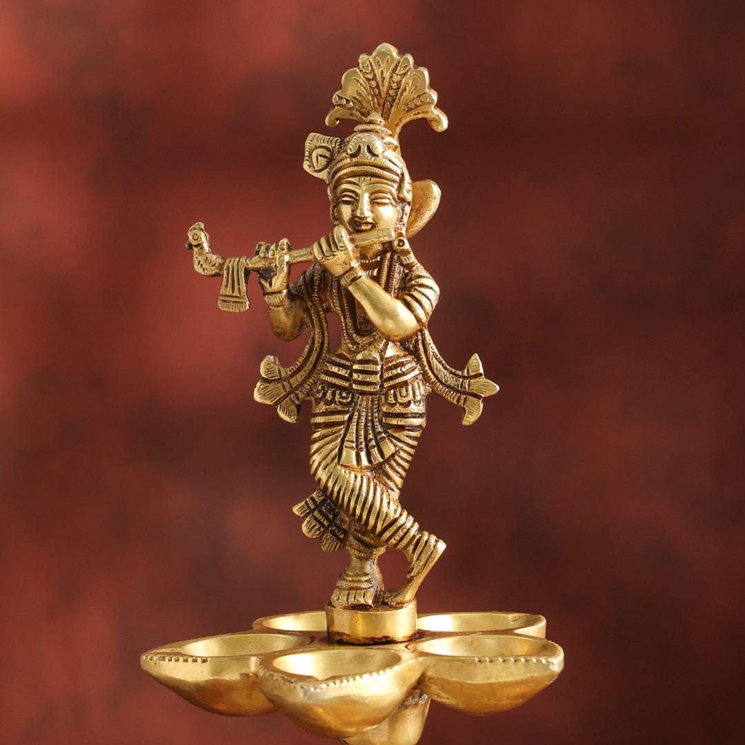 Brass Handcrafted Krishna Diya Lamp with Elephant Base (17.75 Inch) - Image 3