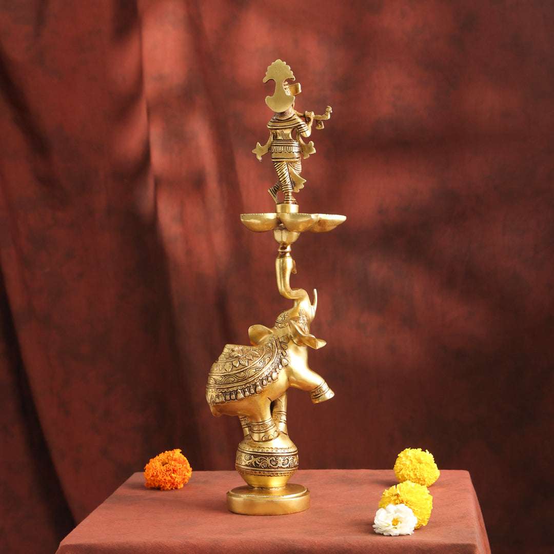 Brass Handcrafted Krishna Diya Lamp with Elephant Base (17.75 Inch) - Image 4