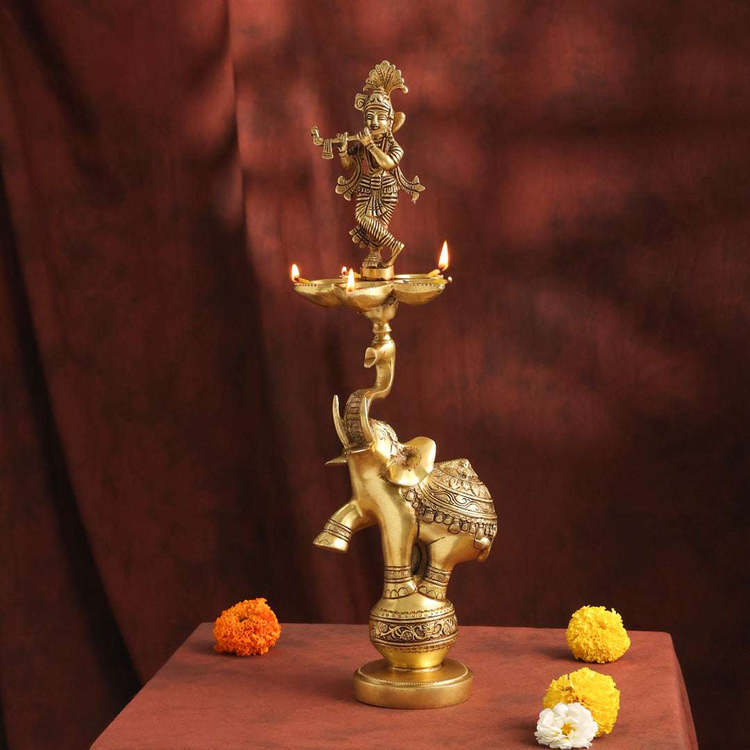 Brass Handcrafted Krishna Diya Lamp with Elephant Base (17.75 Inch) - Image 5