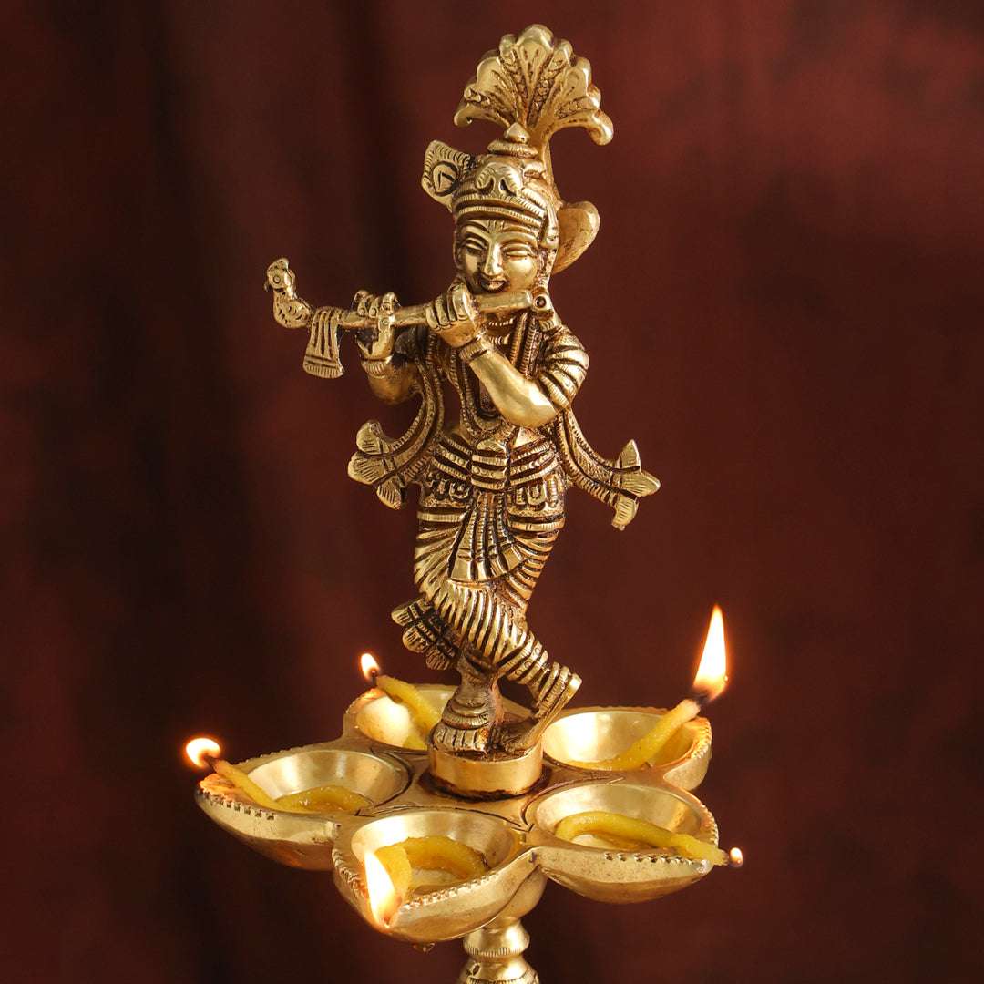 Brass Handcrafted Krishna Diya Lamp with Elephant Base (17.75 Inch) - Image 6