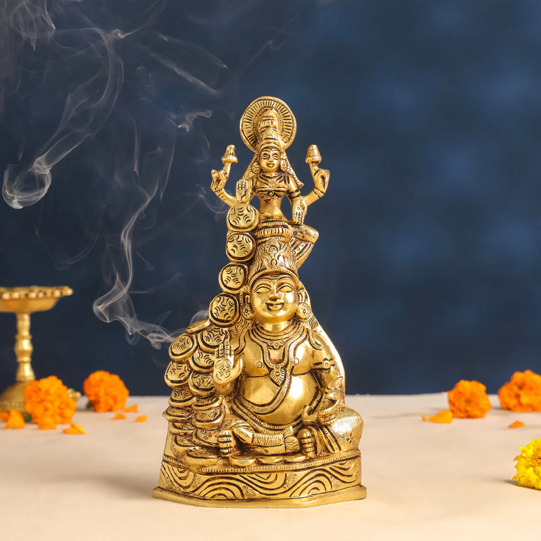 Brass Sitting Kuber And Lakshmi Idol (10.5 Inch)