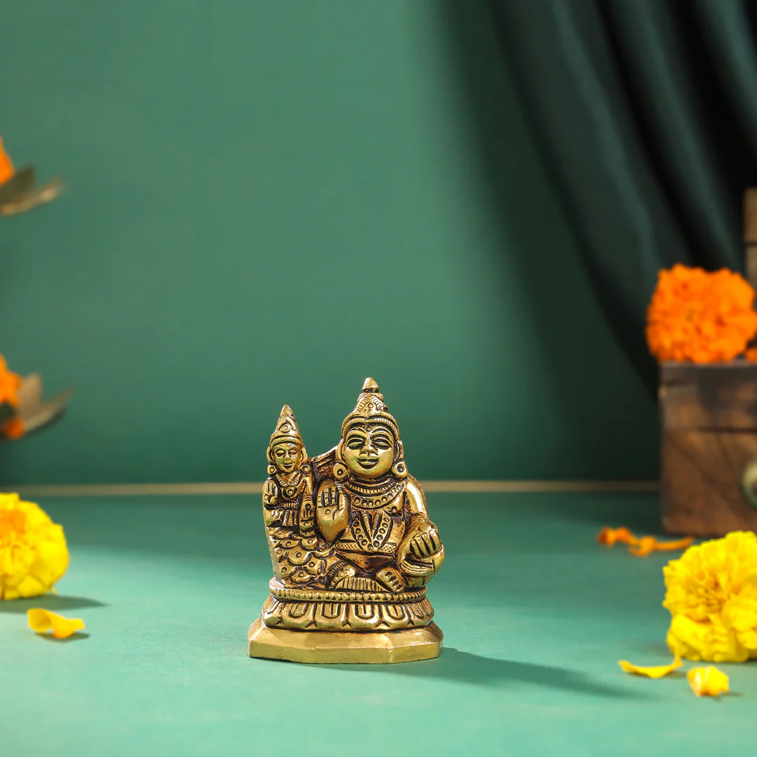 Brass Sitting Kuber And Lakshmi Idol (3 Inch)