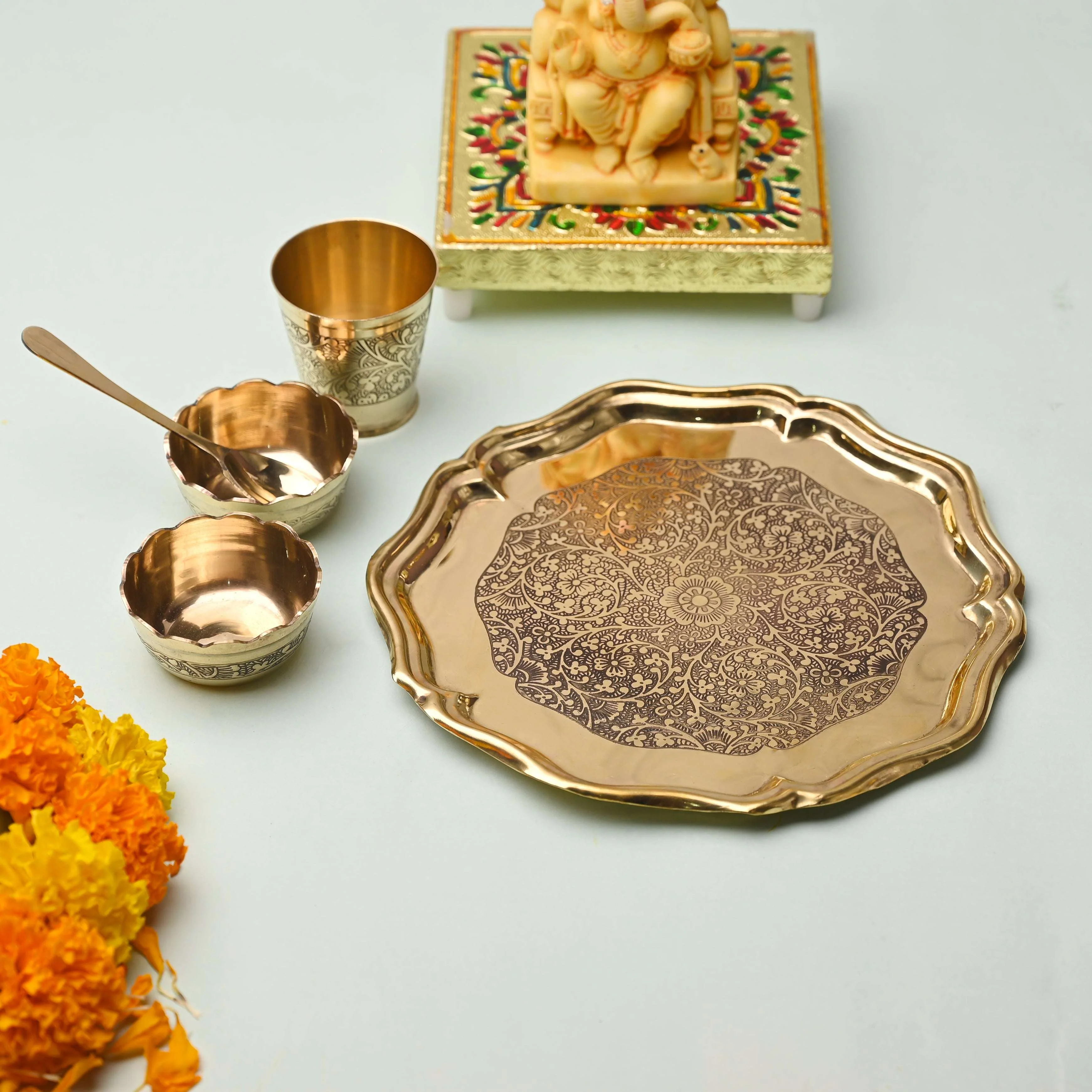 Brass Pooja Bhog Thali Set – Matka Murli Design (8 Inch) - Image 10