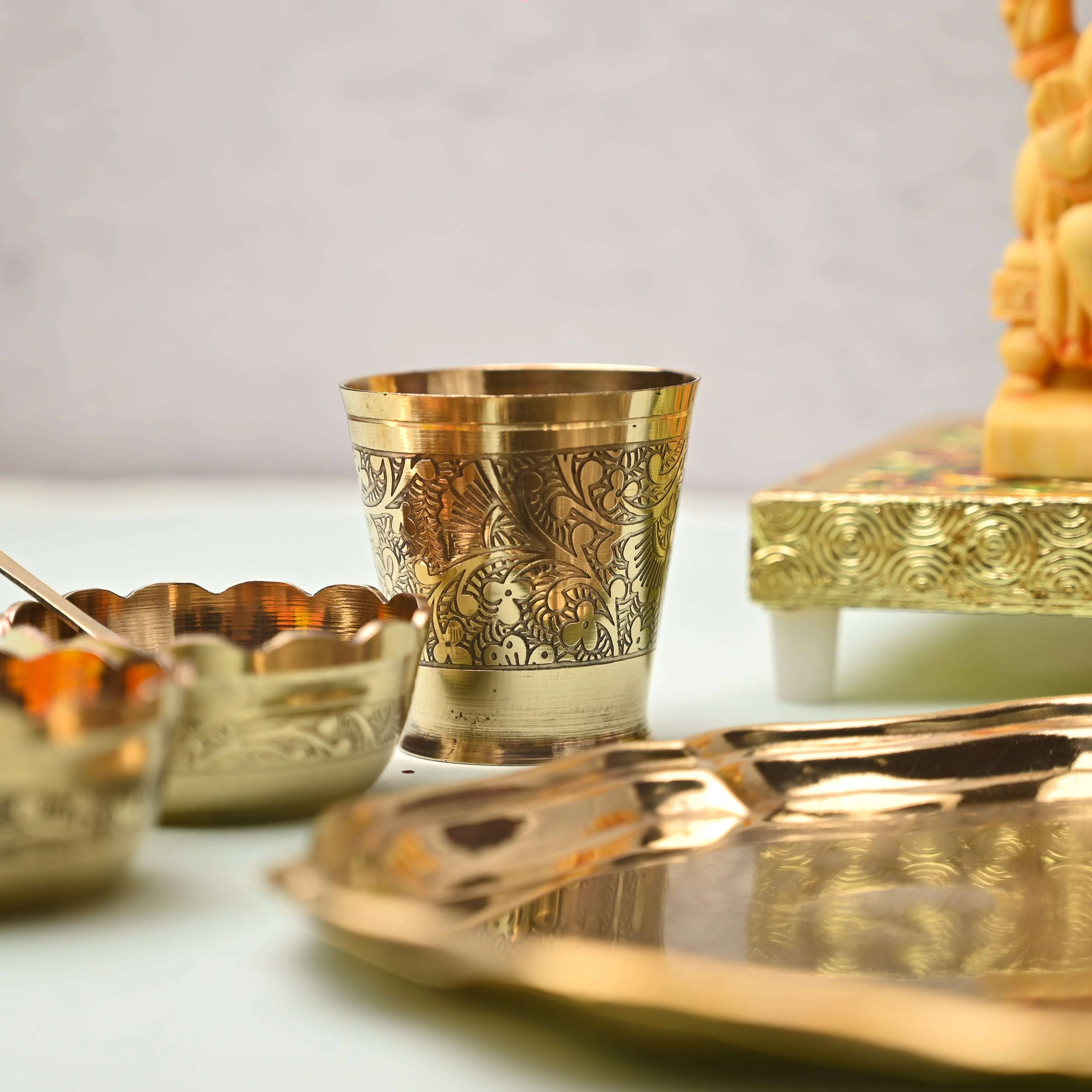 Brass Pooja Bhog Thali Set – Matka Murli Design (8 Inch) - Image 11