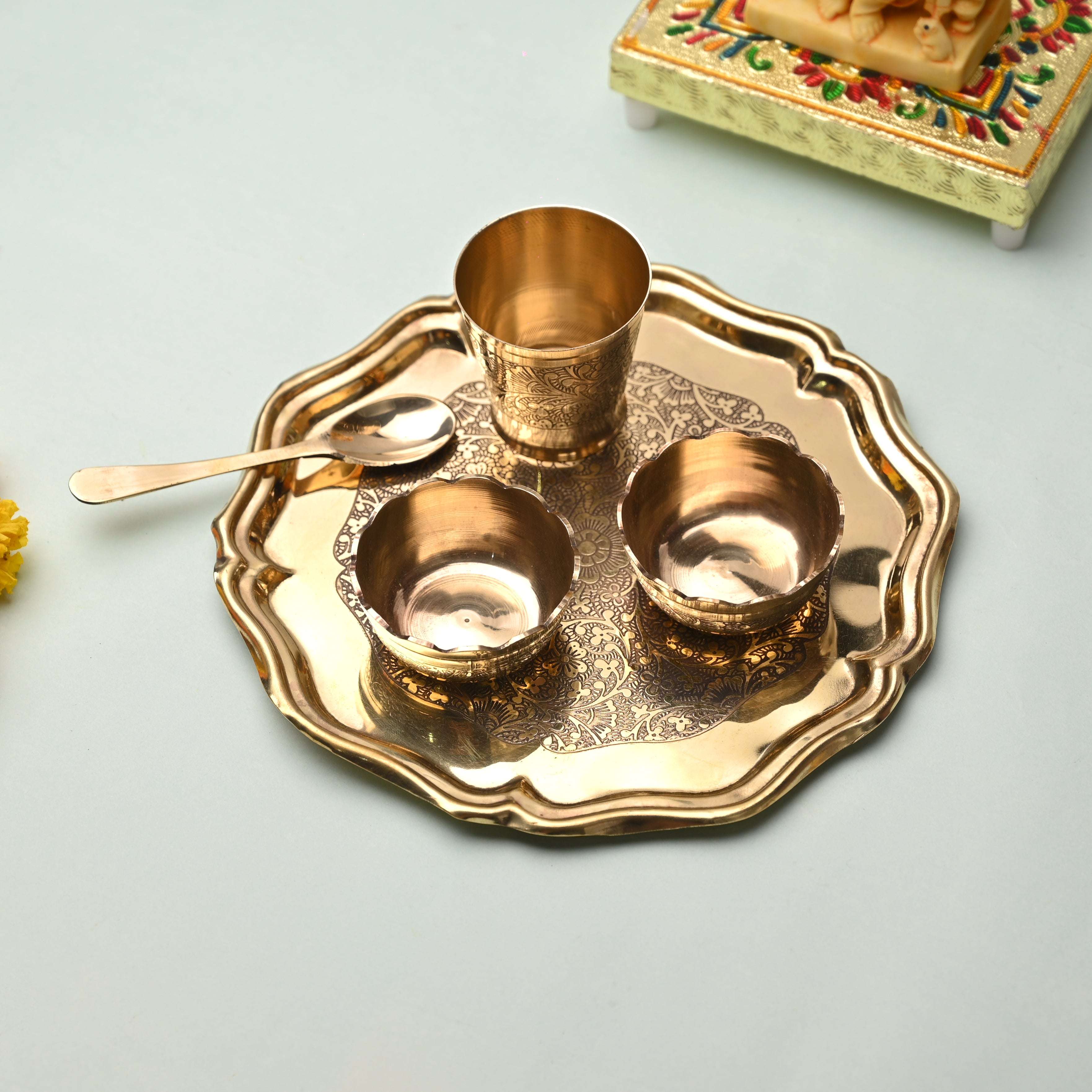 Brass Pooja Bhog Thali Set – Matka Murli Design (8 Inch) - Image 12