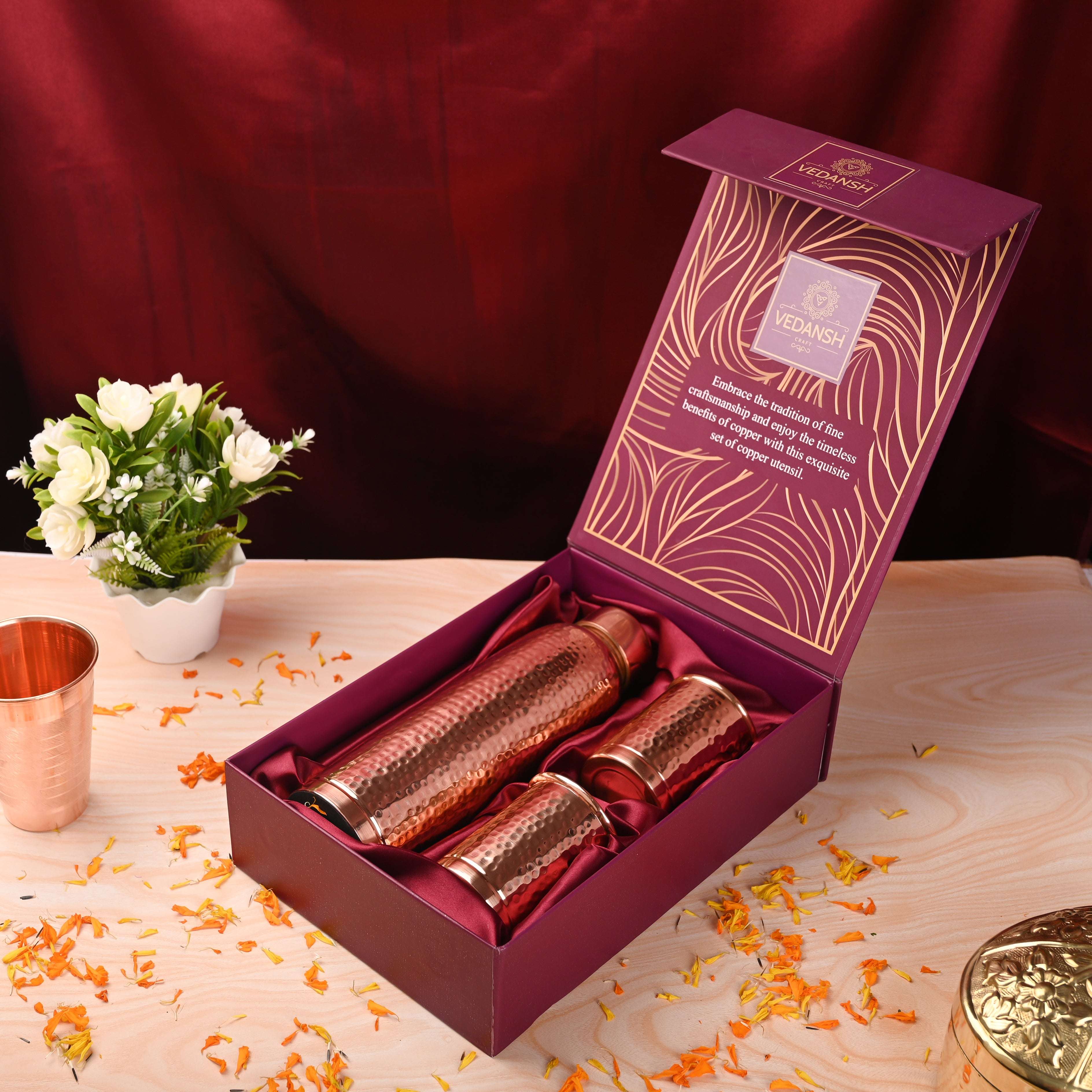 Copper Premium Lemon Hammered Bottle with Glass Set Gift Box/Hamper - Image 3
