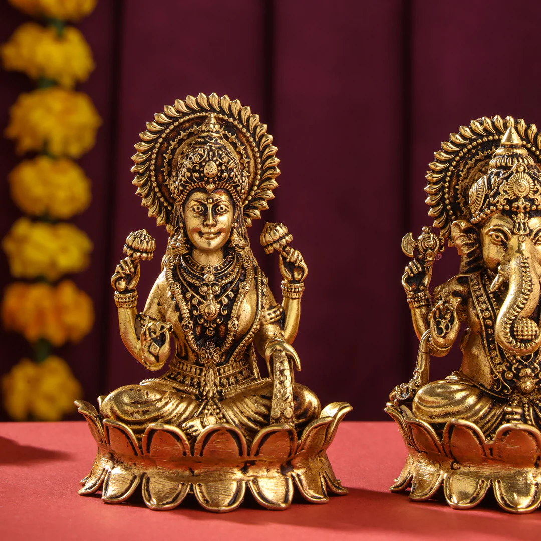 Brass Superfine Lotus Sitting Ganesha And Lakshmi Idols (4 Inch) - Image 6