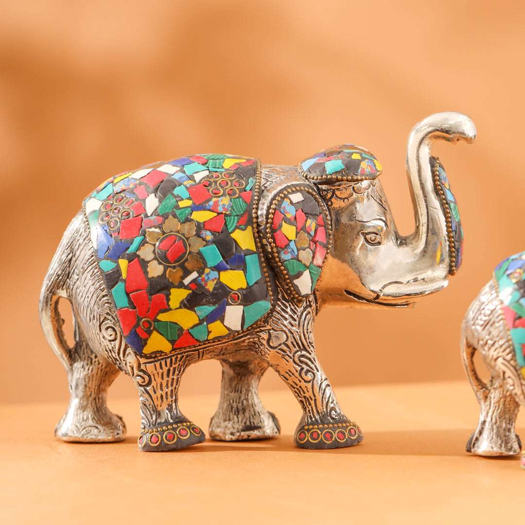 Metal Stone Work Standing Elephant Family Set Of Three - Image 2