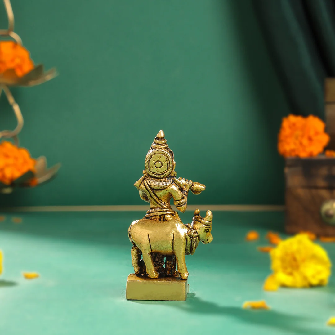 Brass Standing Krishna With Cow Idol (4 Inch) - Image 3