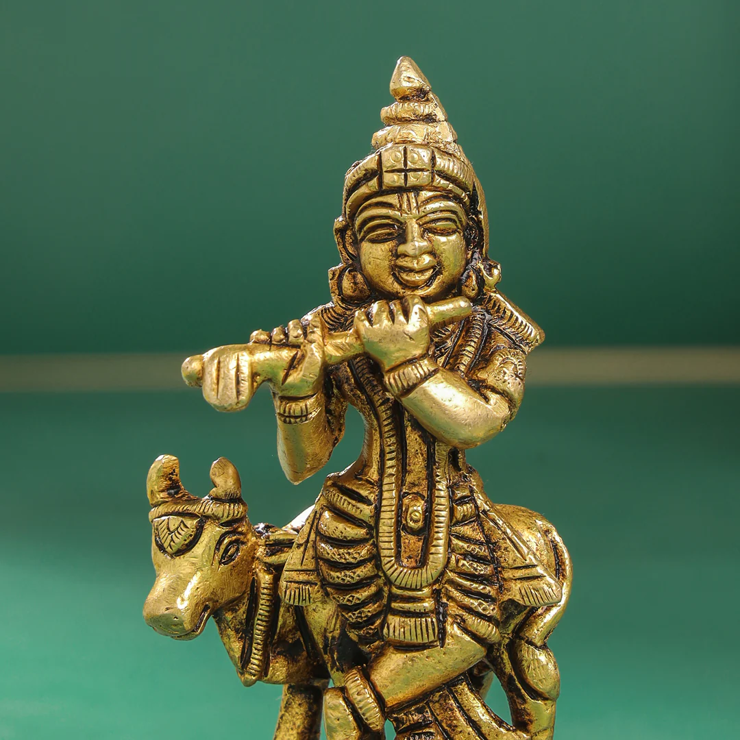 Brass Standing Krishna With Cow Idol (4 Inch) - Image 4