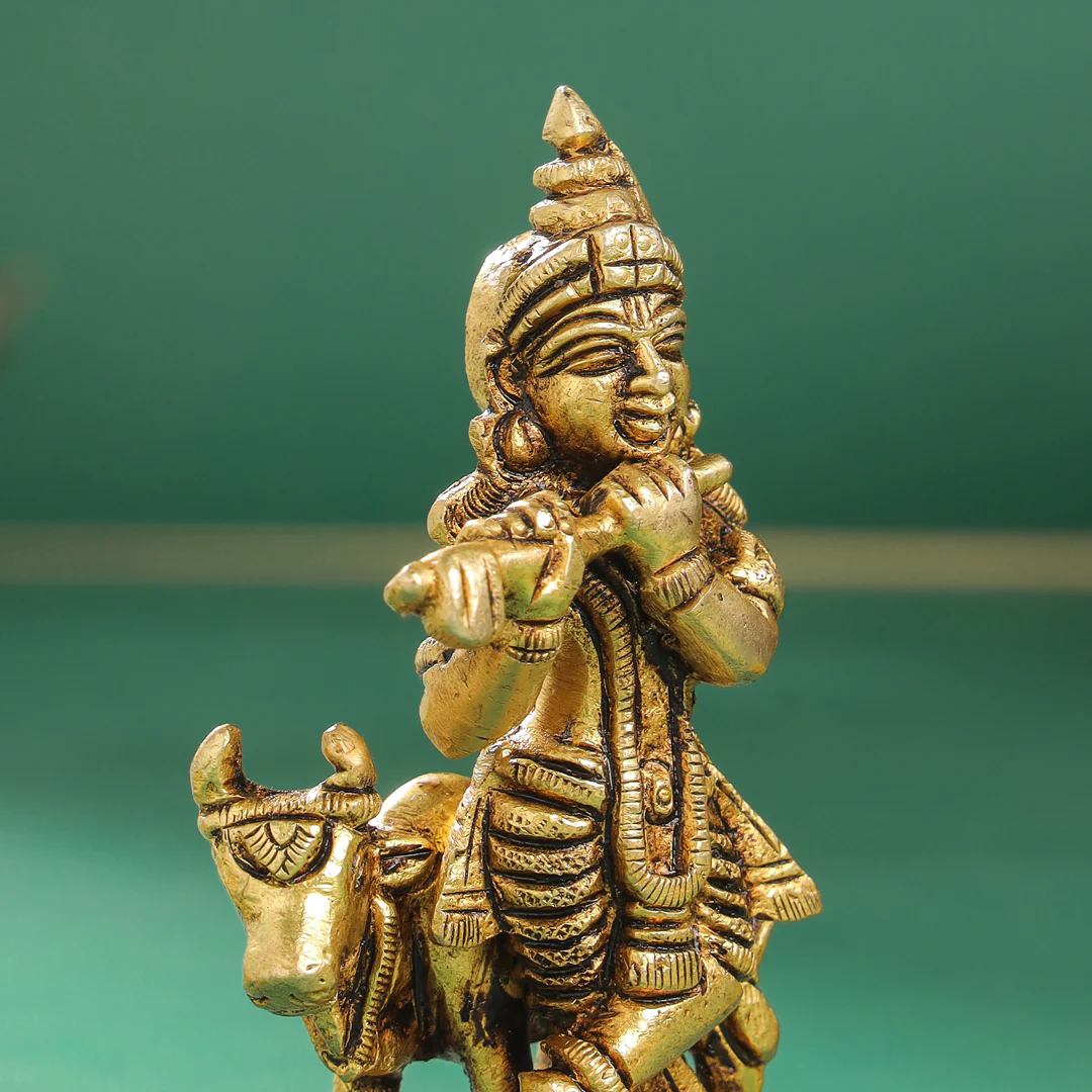Brass Standing Krishna With Cow Idol (4 Inch) - Image 5