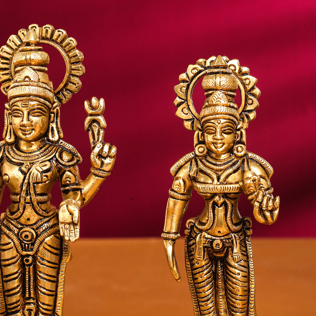 Brass Superfine Standing Lord Murugan With Devasena And Valli Idols - Image 6