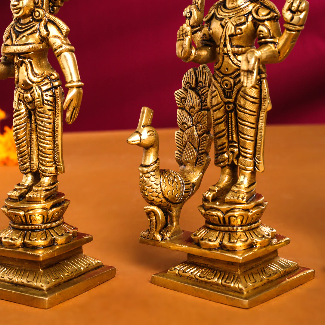 Brass Superfine Standing Lord Murugan With Devasena And Valli Idols - Image 8