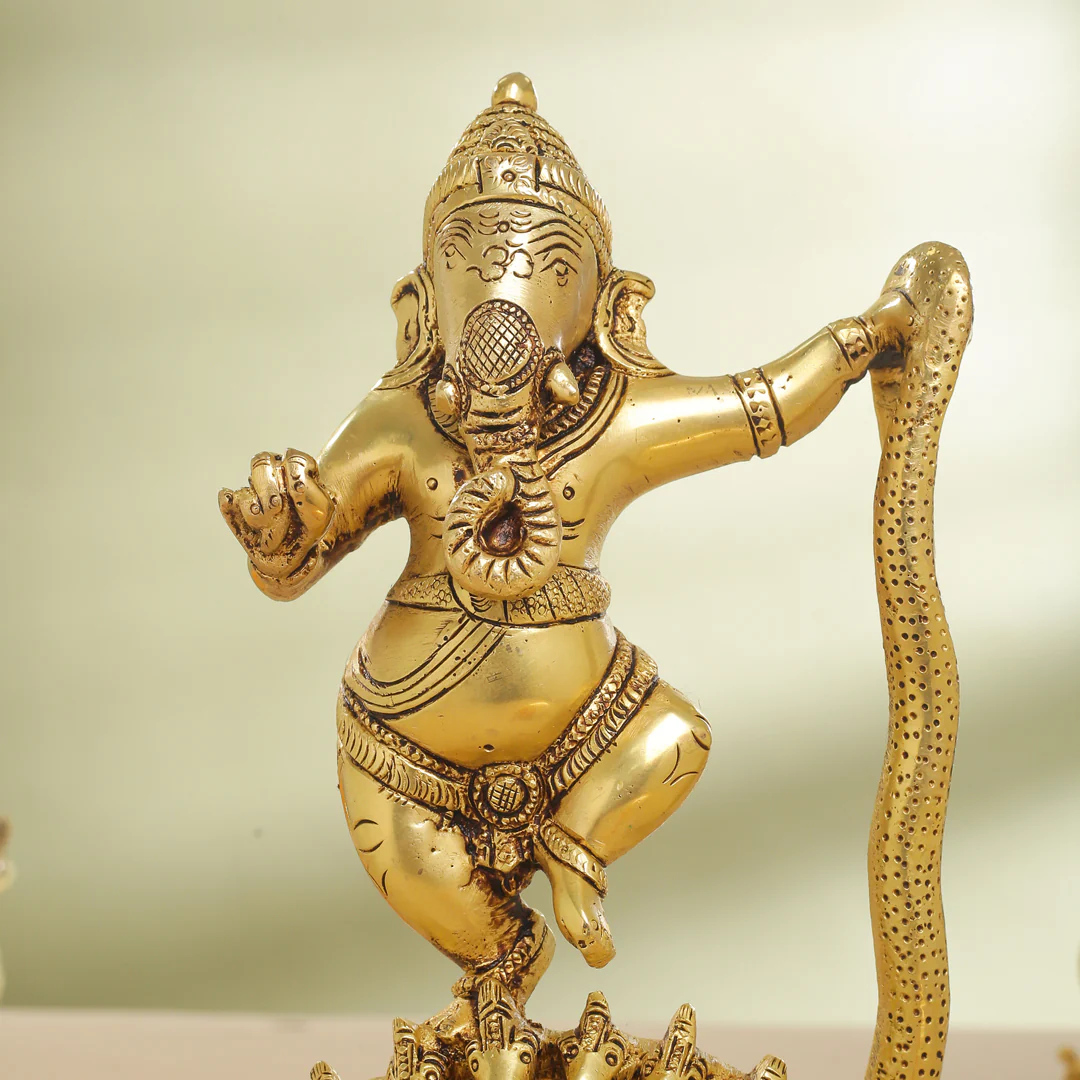 Brass Lord Dancing Ganesha On Snake (12 Inch) - Image 4