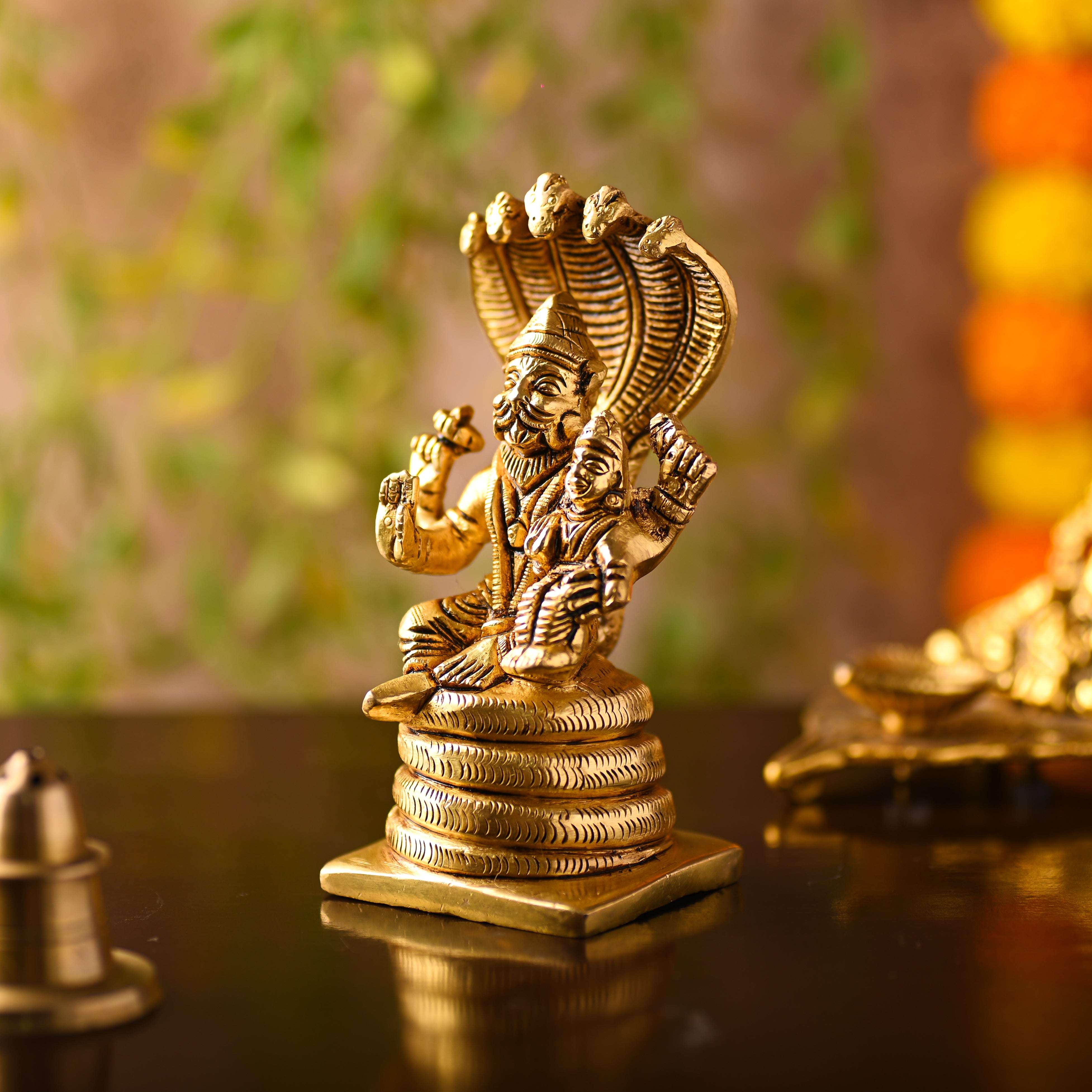 Brass Narasimbha Idol Sitting on Sheshnag – Handmade Brass Decor (5 Inch) - Image 2