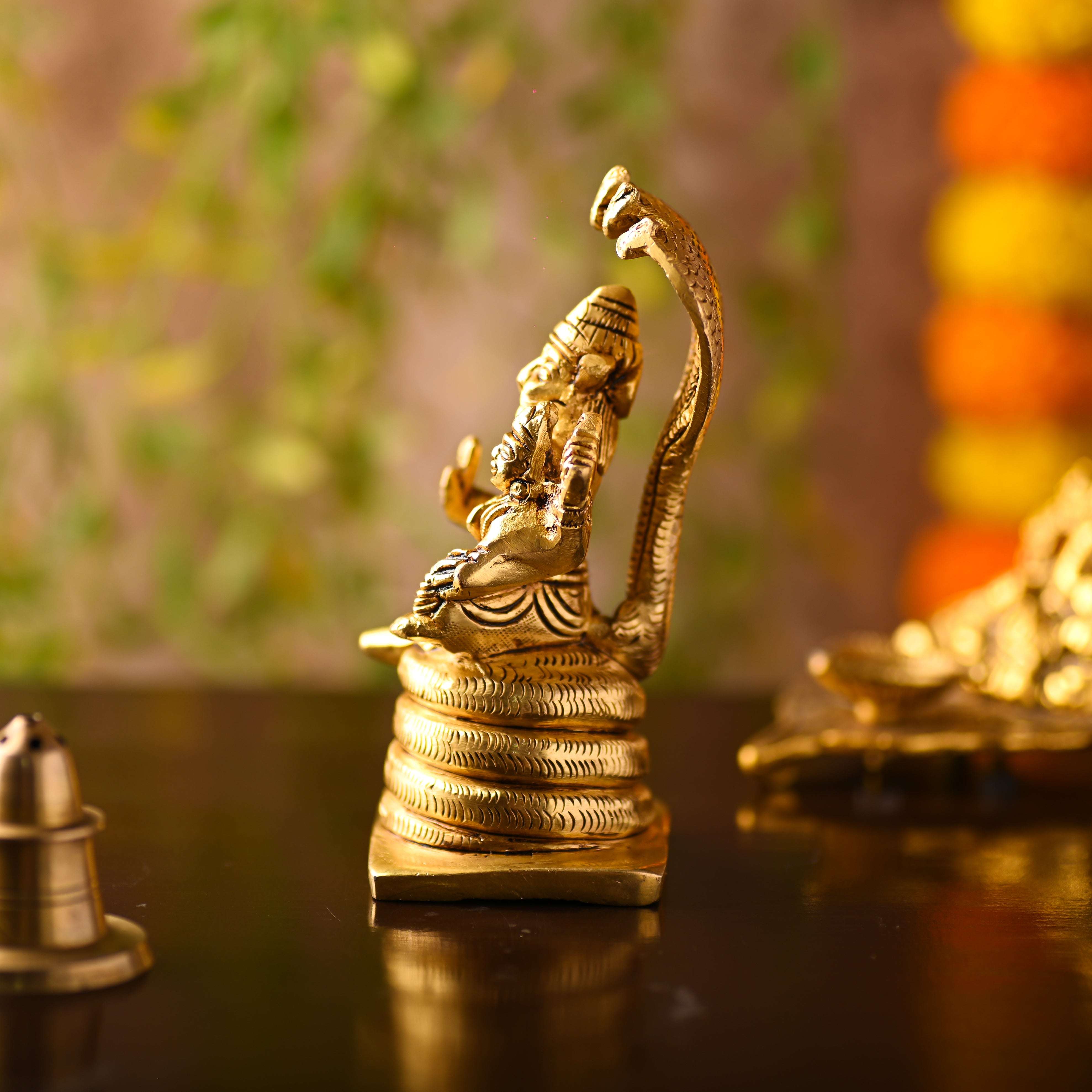 Brass Narasimbha Idol Sitting on Sheshnag – Handmade Brass Decor (5 Inch) - Image 3