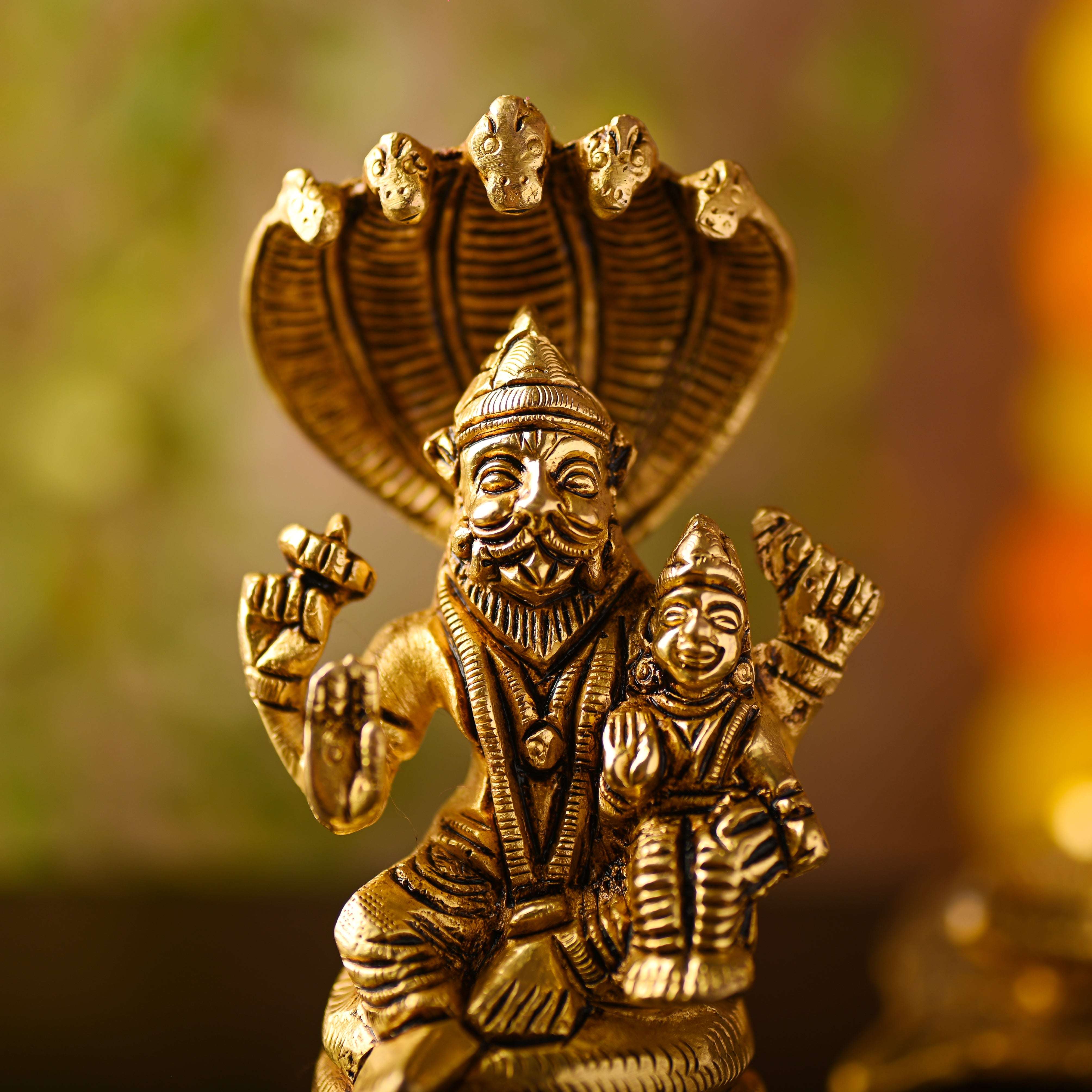 Brass Narasimbha Idol Sitting on Sheshnag – Handmade Brass Decor (5 Inch) - Image 5