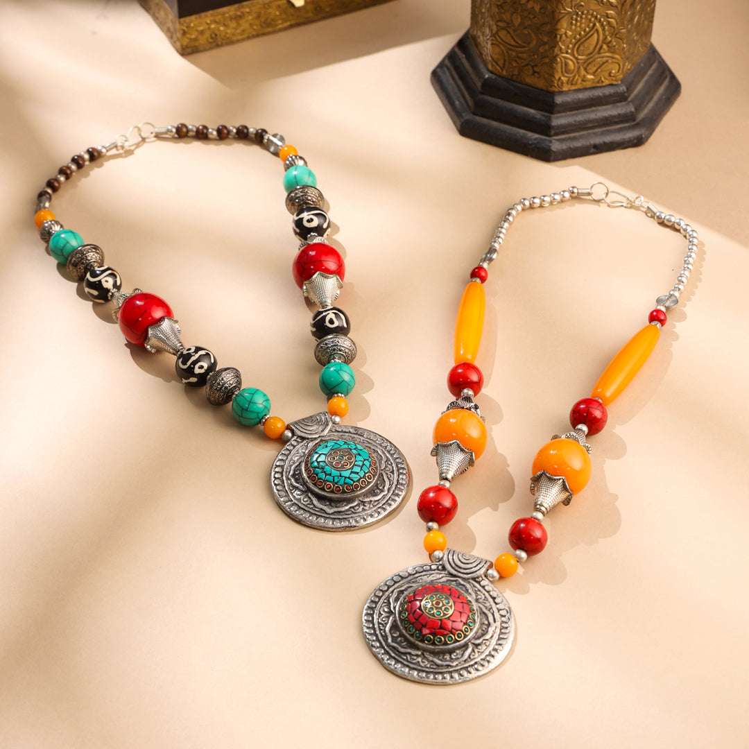 Resin Boho Orange Bead Necklaces with Tribal Silver Pendants