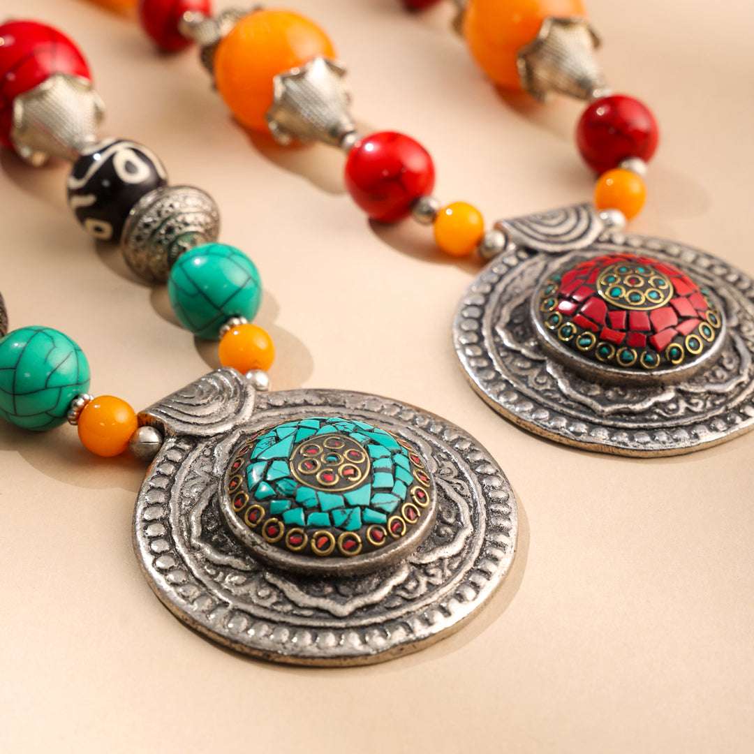 Resin Boho Orange Bead Necklaces with Tribal Silver Pendants - Image 8