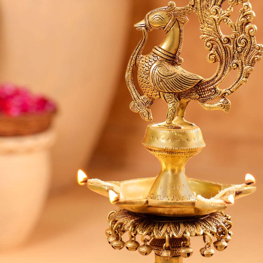 Brass Peacock Diya On Dancing Elephant (30 Inch) - Image 3
