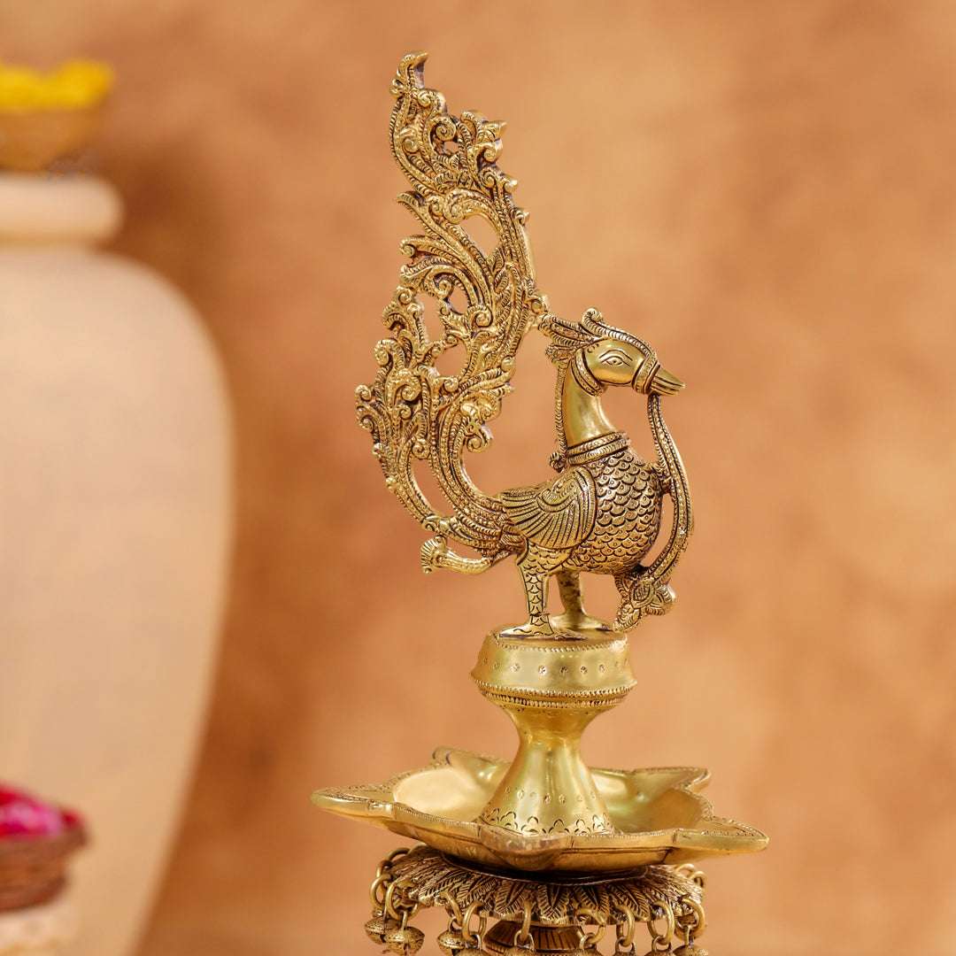 Brass Peacock Diya On Dancing Elephant (30 Inch) - Image 6