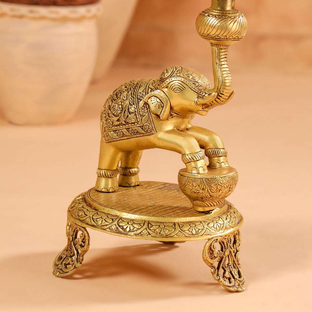 Brass Peacock Diya On Dancing Elephant (30 Inch) - Image 7