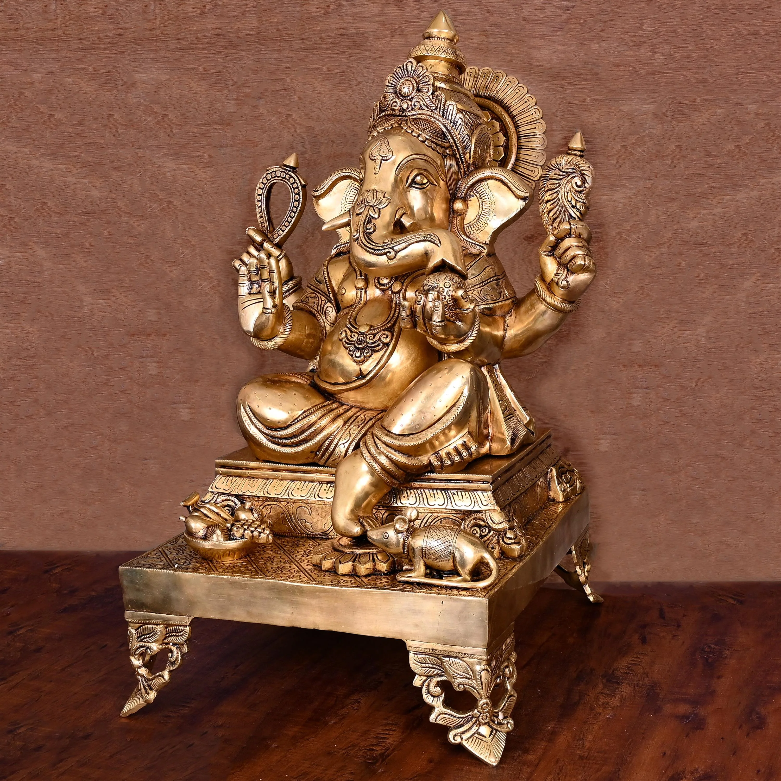 Brass Superfine Chowki Sitting Ganesha Statue (26 Inch) - Image 2