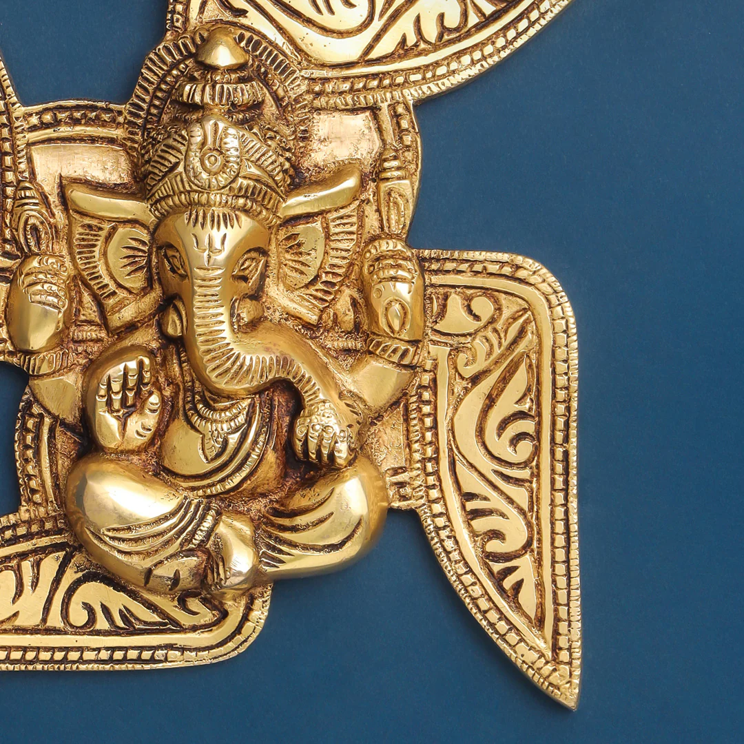 Brass Ganesha On Swastik Wall Hanging (7 Inch) - Image 4