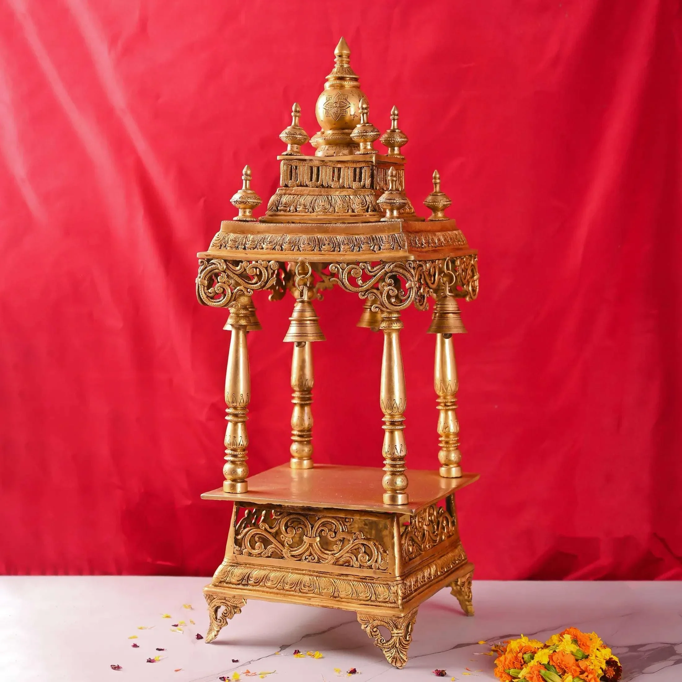 Brass Mandir / Temple With Hanging Bell (28 Inch) - Image 2